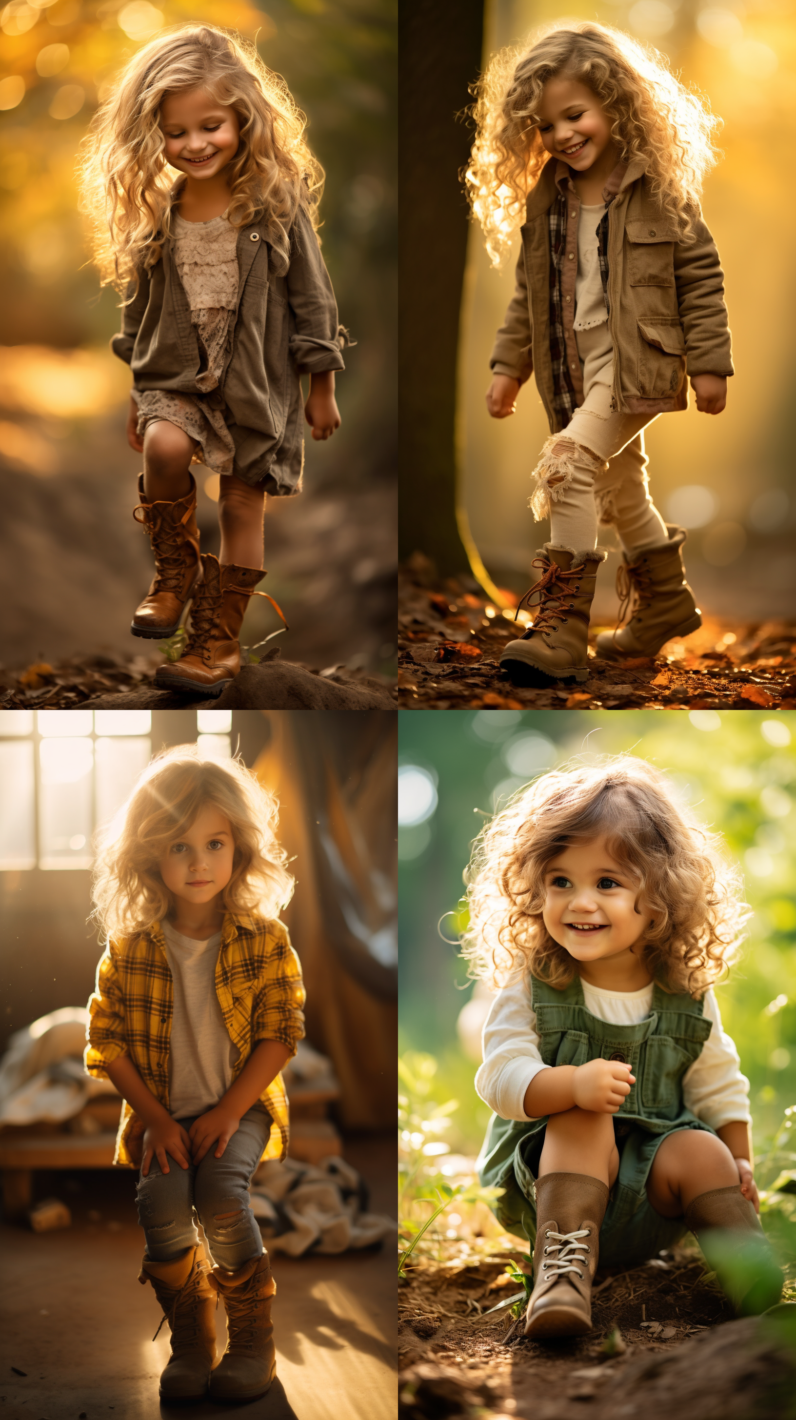 小女孩低头看脚丫，笑眯眯，欢乐开心。逆光拍摄，柔和光线，浅景深，温暖色调，人像风格，广角镜头，自然环境，活泼动作，纯真童趣，无忧无虑。