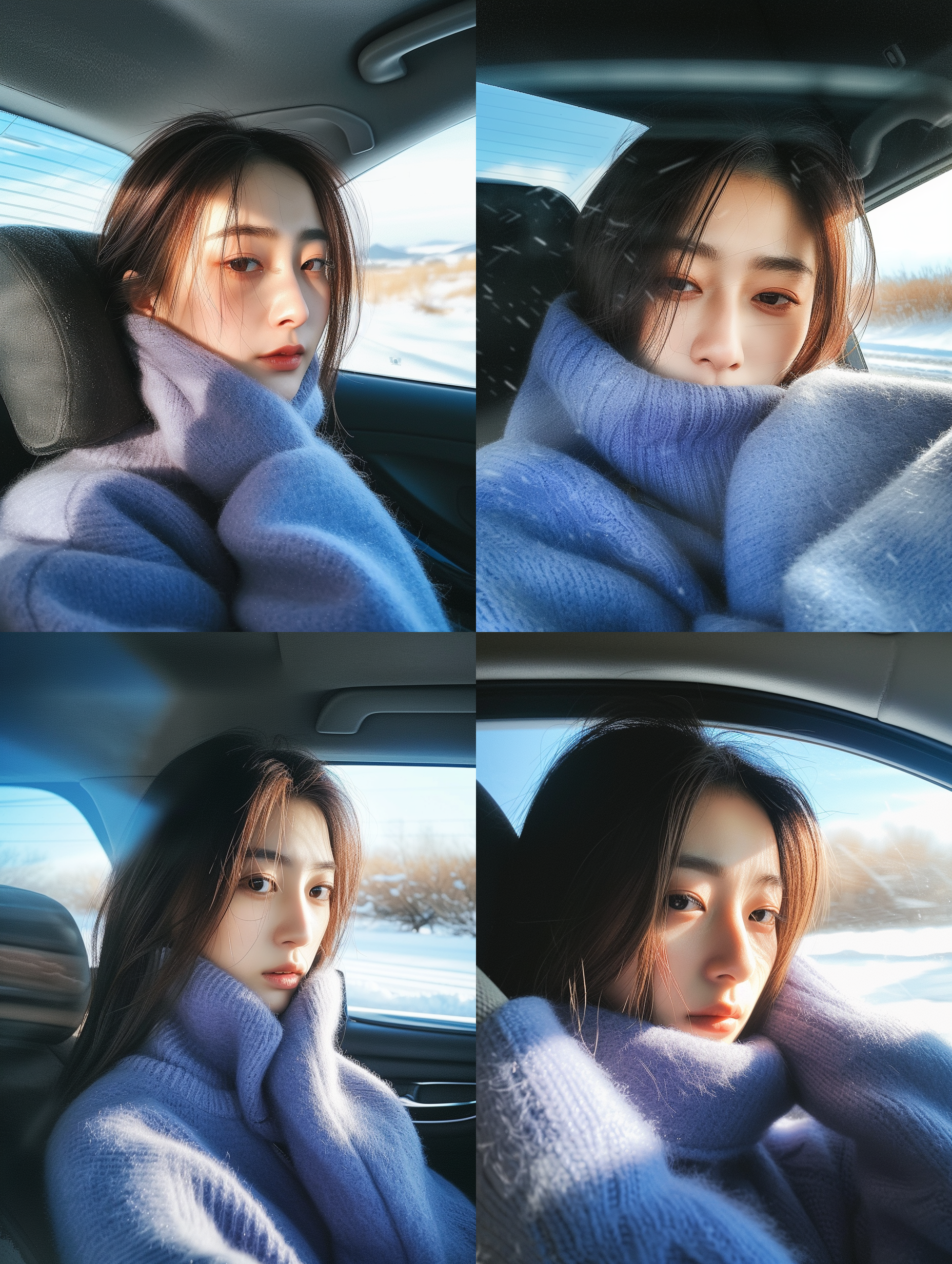 中国女孩在冰雪中，长发飘扬，在车内，摄影写真风格。超清渲染，突出冷色调和纯白色雪景。透过广角镜头，粗线条，高品质，氛围光照，冷暖对比，窗外冰雪世界，-c20，-s40,-sw2。