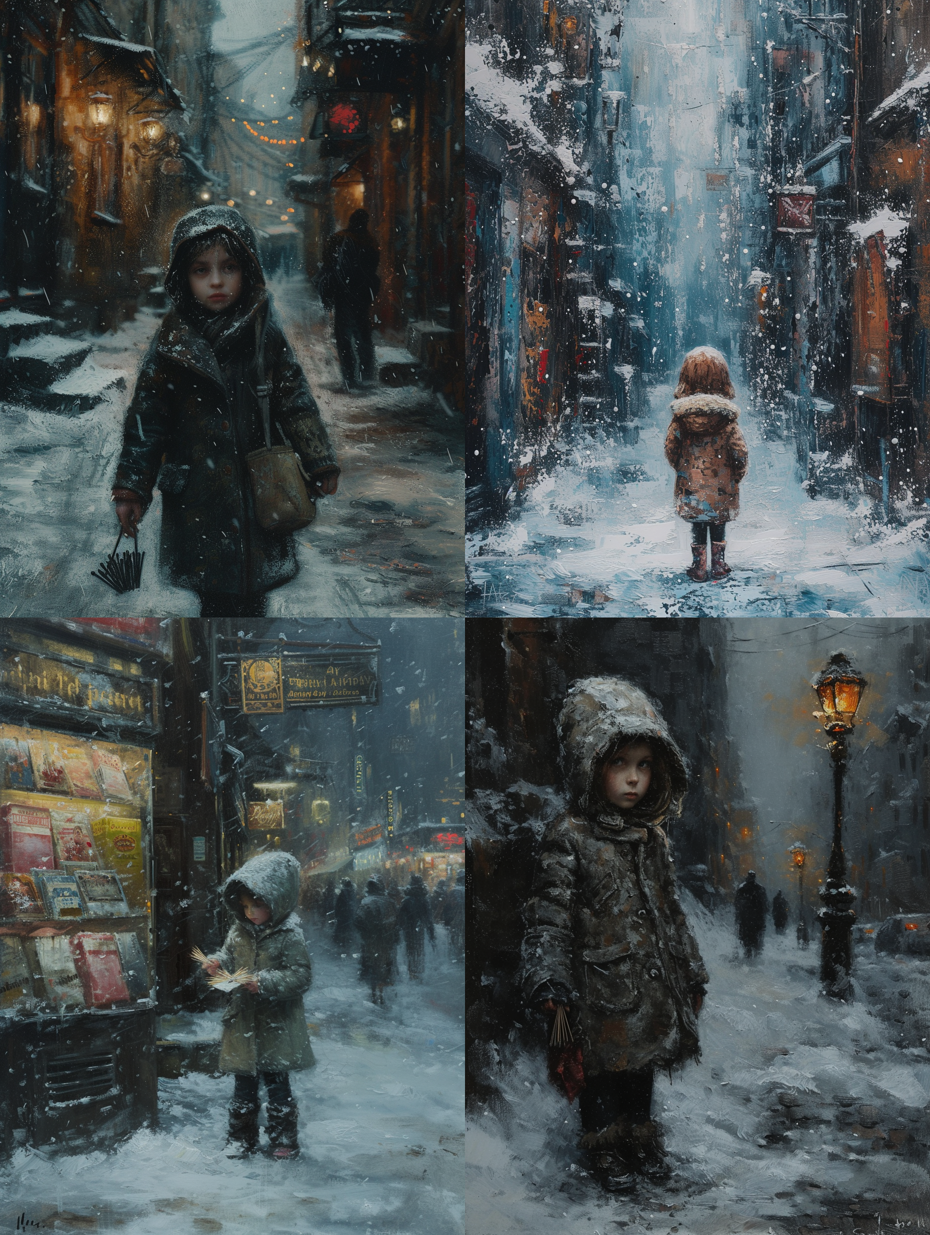 卖火柴的小女孩，破败的街道，下雪天，夜晚，油画风格，忧郁，悲伤。
