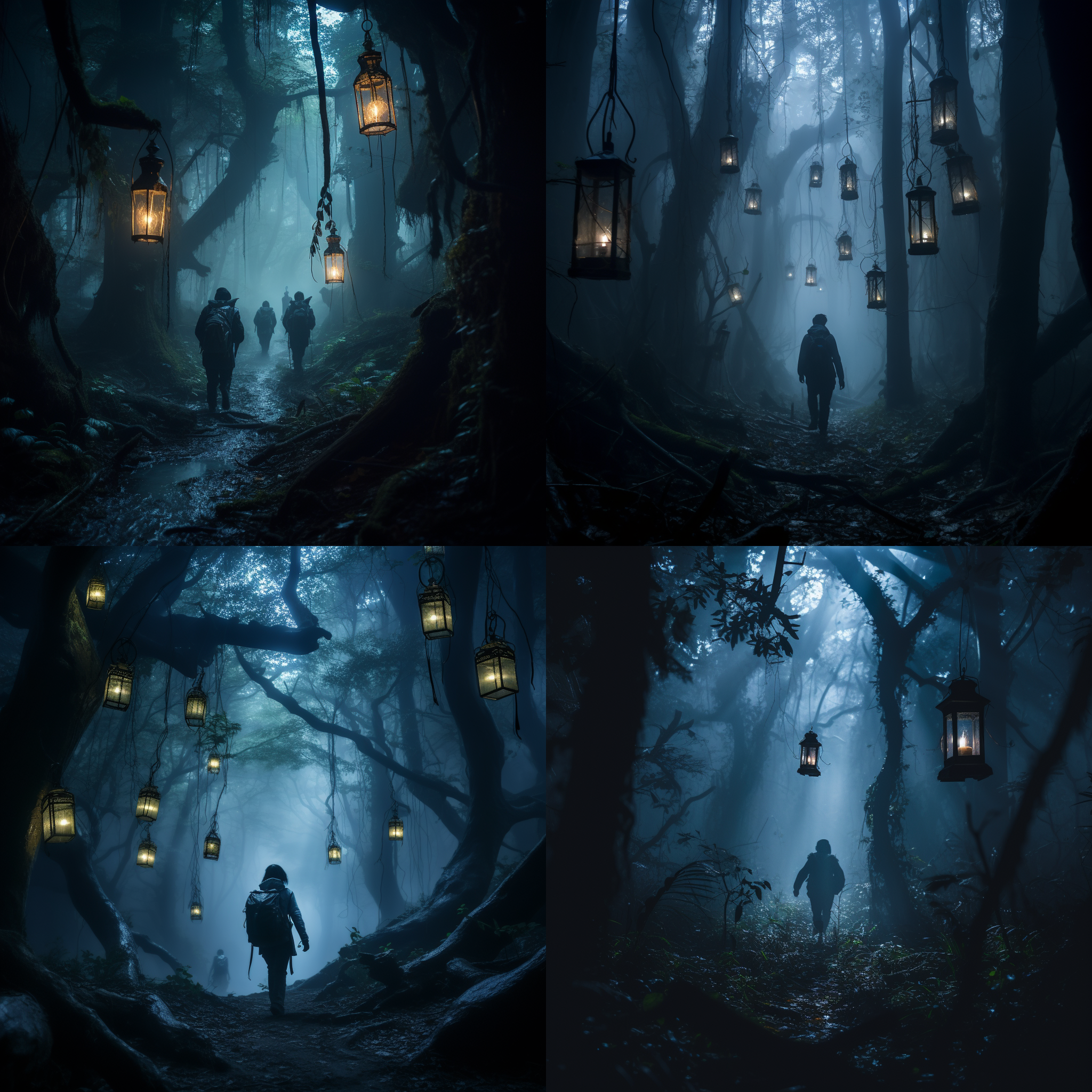 迷失在幽暗的远古森林，淡蓝色雾气笼罩，探险队员提着灯笼。景深浅，环境昏暗，广角镜头，柔光，悬念，冒险，神秘，恐惧。