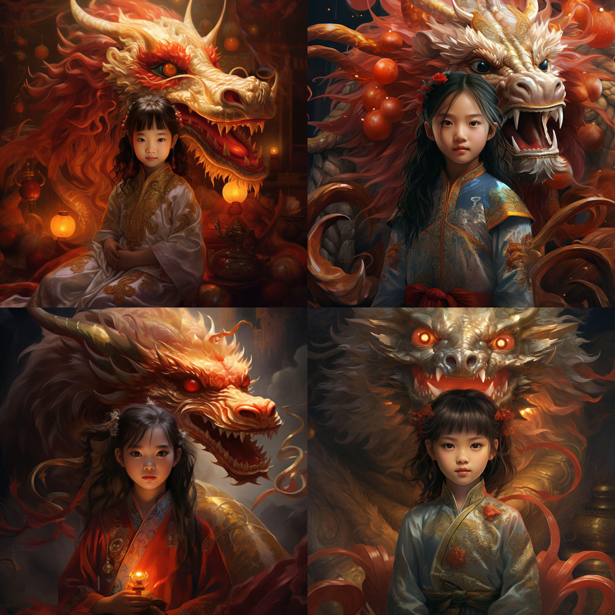 一个中国小女孩，背后有一条守护着她的中国龙，小女孩穿着中国传统服饰，面看前方，背后的龙散发着威严的气势，喜庆的氛围，插画
