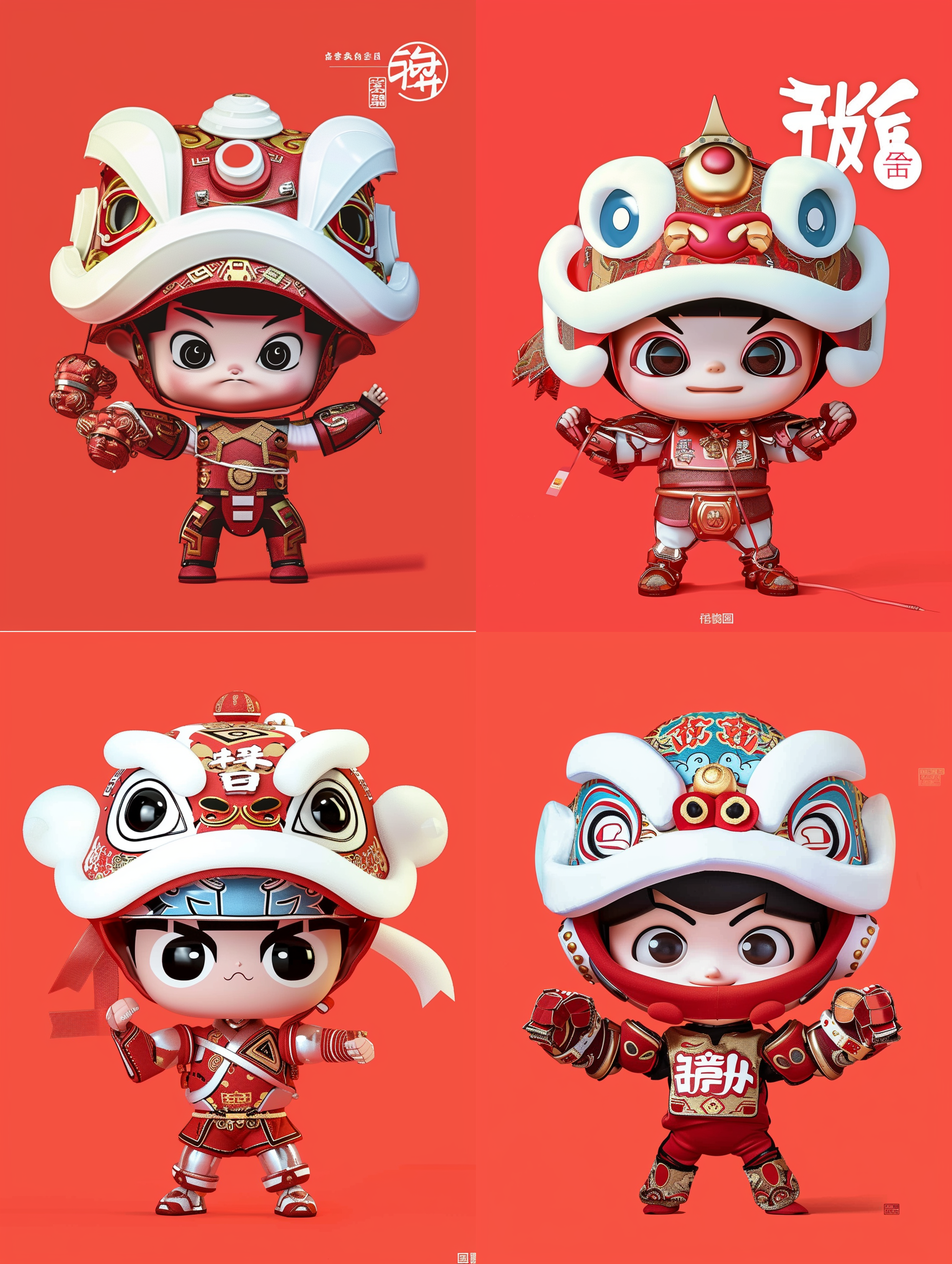 机器人小男孩戴着舞狮帽子，站在红色背景前。镜头低角度拍摄，突出机器人的威武形象。红色背景与机器人的金属外壳形成鲜明对比，增强了整体视觉效果。帽子上的舞狮图案为照片增添了趣味和喜庆气氛。