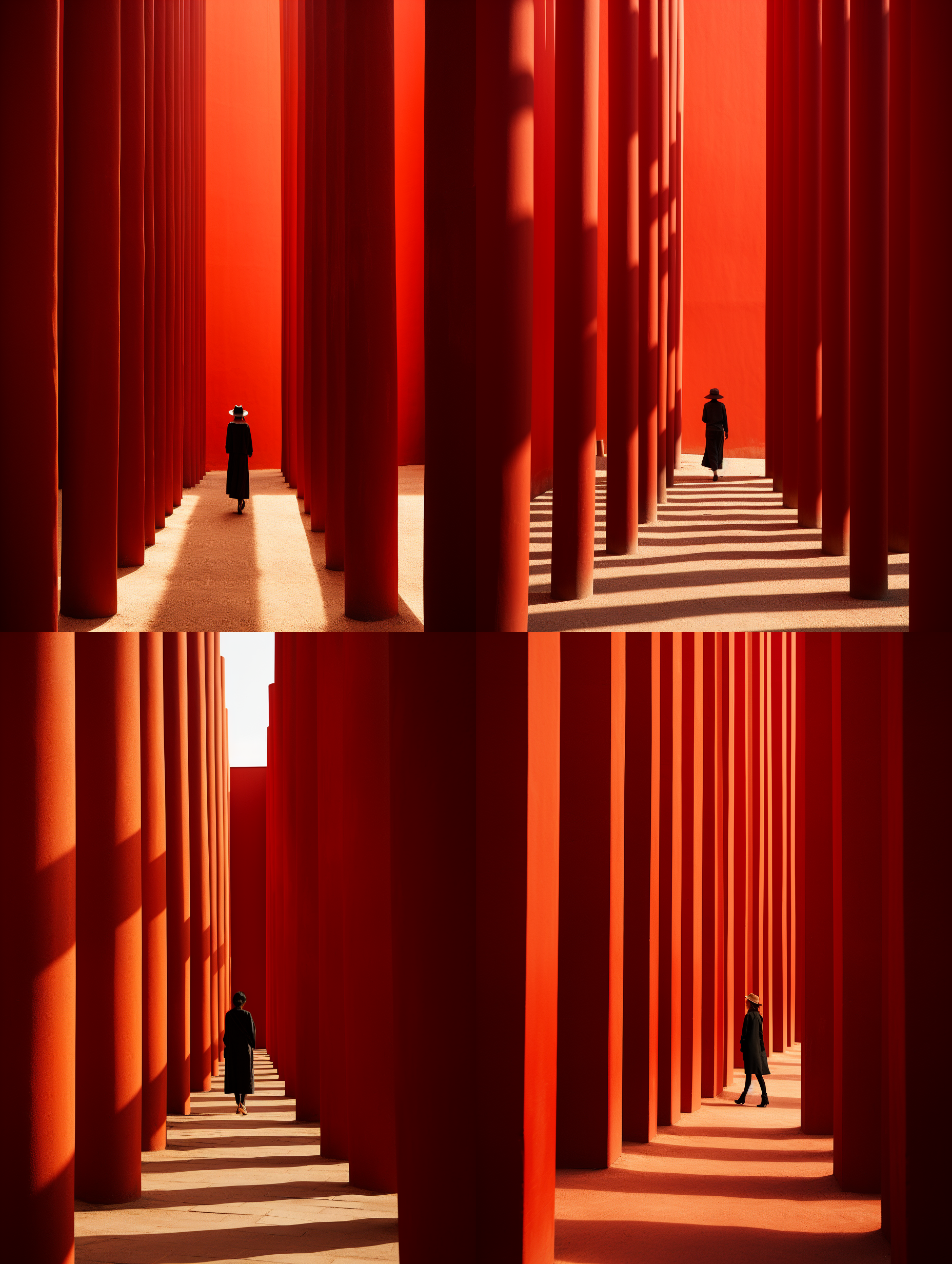 高大红墙，飞檐投影，对角画面，人影投射，摄影级质量，超高清，无瑕疵，中国古建筑，红墙下方，环境，广角镜头，明亮照明，传统元素，红色主题，庄严肃穆，沉静神秘。