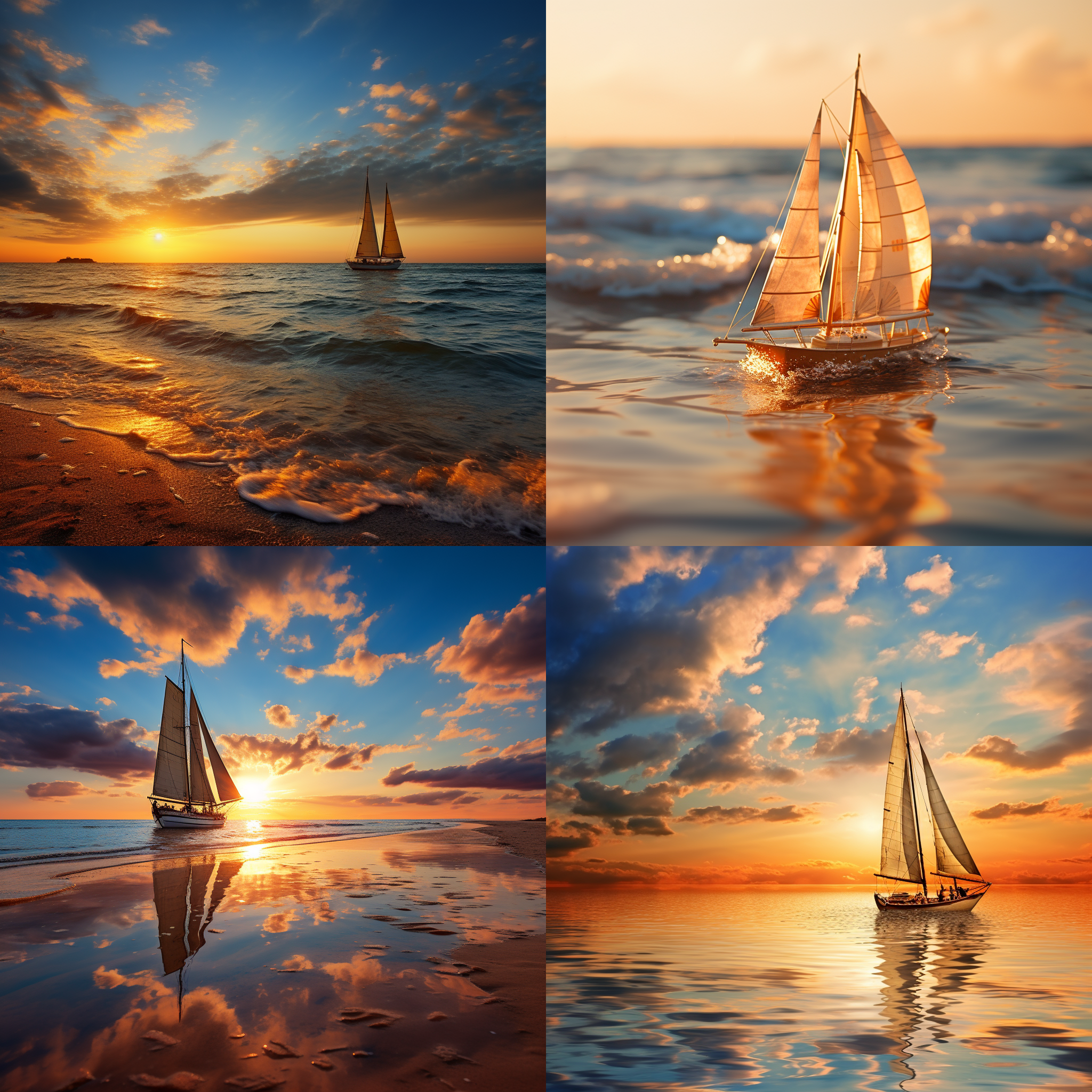 海边，天空蓝蓝的，帆船远处，宽广的景深，通透感，长焦镜头，金色余晖，波涛汹涌，风帆张开，自由，宁静。