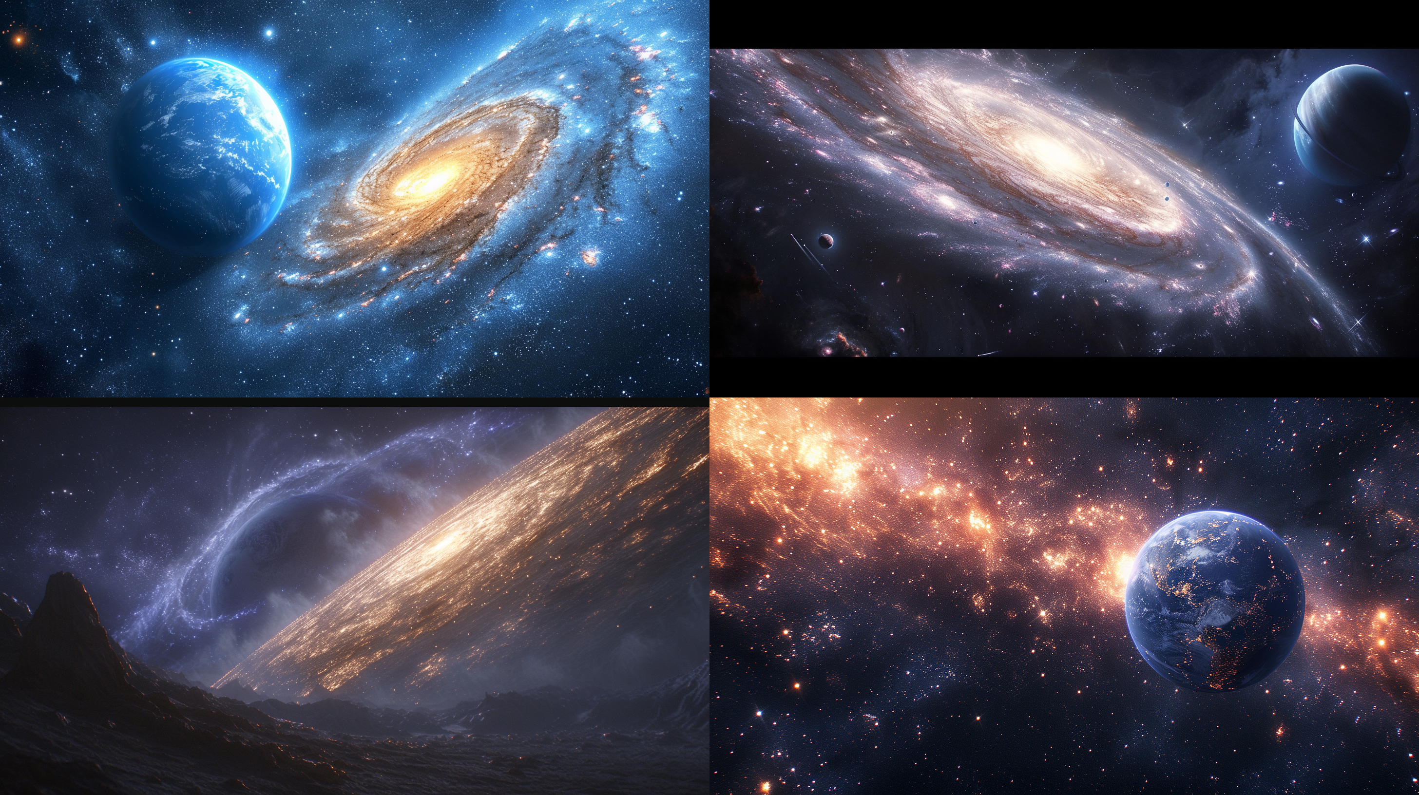 三体星系壮观，超现实摄影，宇宙景观，大气磅礴的背景下，一颗华丽的蓝色行星浮现在夜空中。星系间的光束交织，形成了令人惊叹的纹理和图案。广角镜头捕捉到星系的广阔范围，色彩饱满且对比强烈。真实与幻想的碰撞，带来了神秘而壮观的视觉体验。