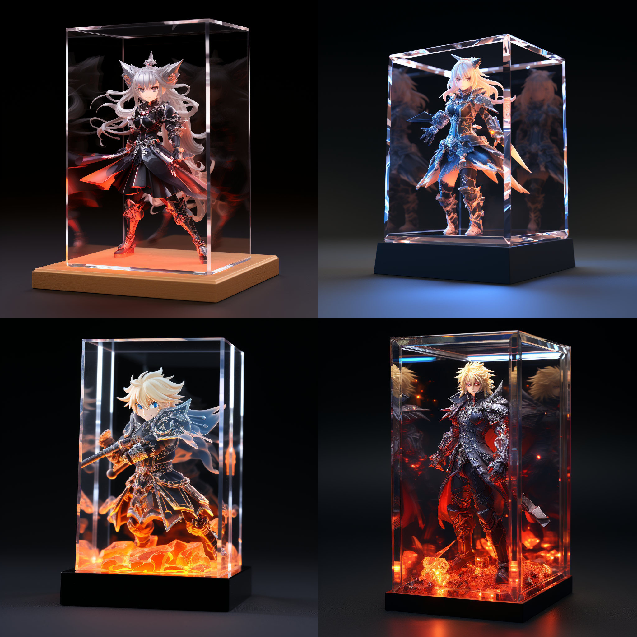 亚克力展示盒，原神角色立绘，清晰细腻，黑色背景，高饱和度，正面视角，广角镜头，均匀的灯光，自然动作，神秘感，冒险氛围，丰富色彩，英雄形象。