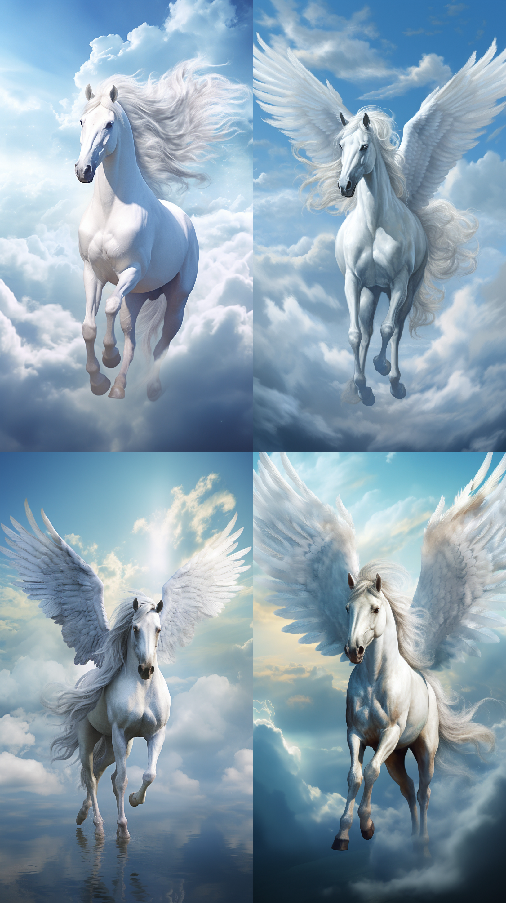 天使马在翱翔，展翅高飞。在蔚蓝天空下，天使马的白色羽毛与云朵相映成趣。光线柔和温暖，给整个画面增添了一丝神秘感。构图对称平衡，将天使马的优雅姿态完美展现。白色与蓝色的主色调传达出宁静与纯洁的情感。 赛博迪利克
