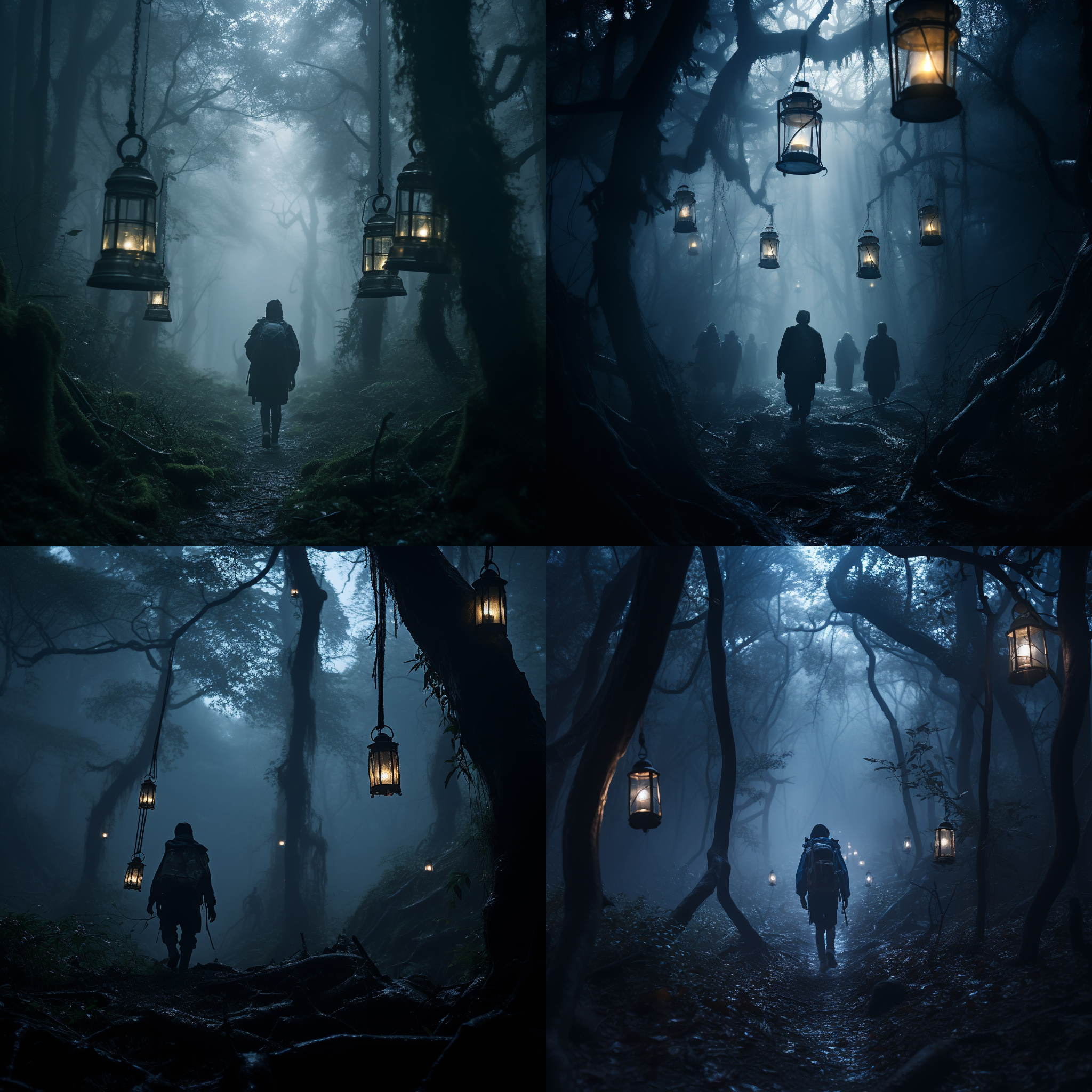 迷失在幽暗的远古森林，淡蓝色雾气笼罩，探险队员提着灯笼。景深浅，环境昏暗，广角镜头，柔光，悬念，冒险，神秘，恐惧。