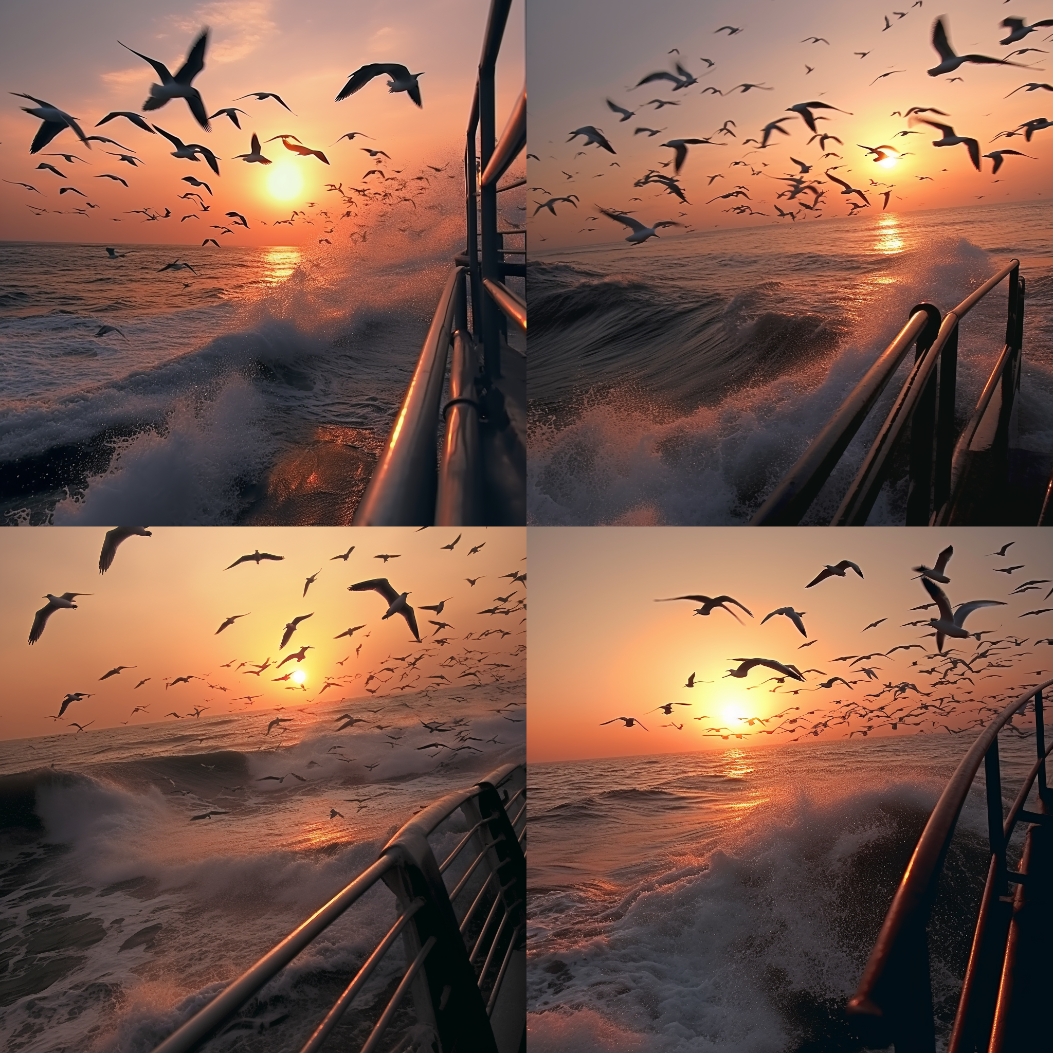 大海，海鸥，太阳，黄昏，海浪，一幅详细的哑光画谷歌地图街景，西格玛1 0 - 2 0毫米，第一人称，颜色等级 ，真实高清34k画质，气氛感，分辨率高 网络摄像头摄影超高清图像 近景 超真实 水面 栏杆