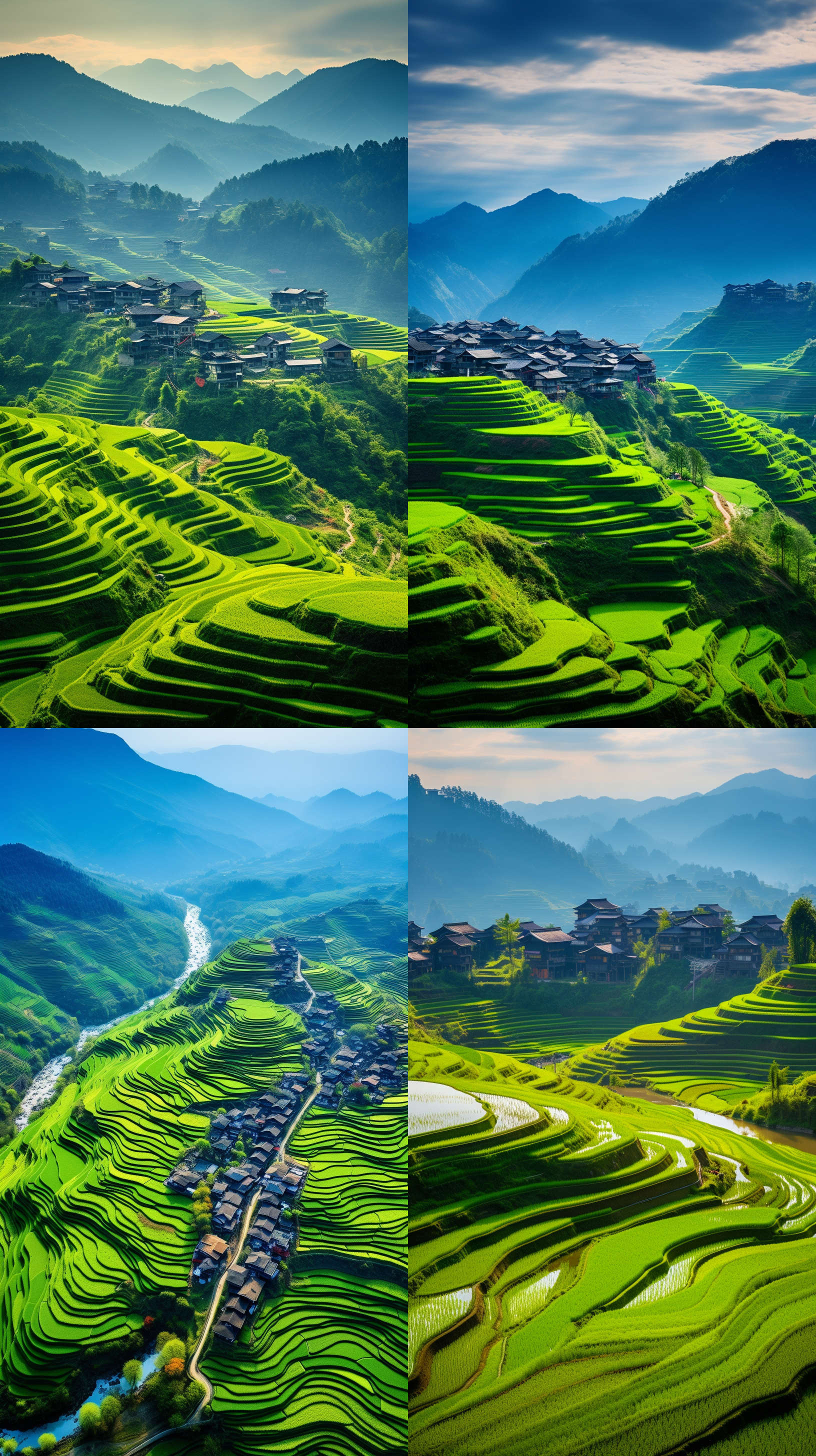 梯田，绿色稻田，正面微近距离房子特写镜头，桃花，桂林龙脊景观，世界上最好的图片画质，512k，高清，广角镜头，明亮光线，自然色彩，宁静，和谐。