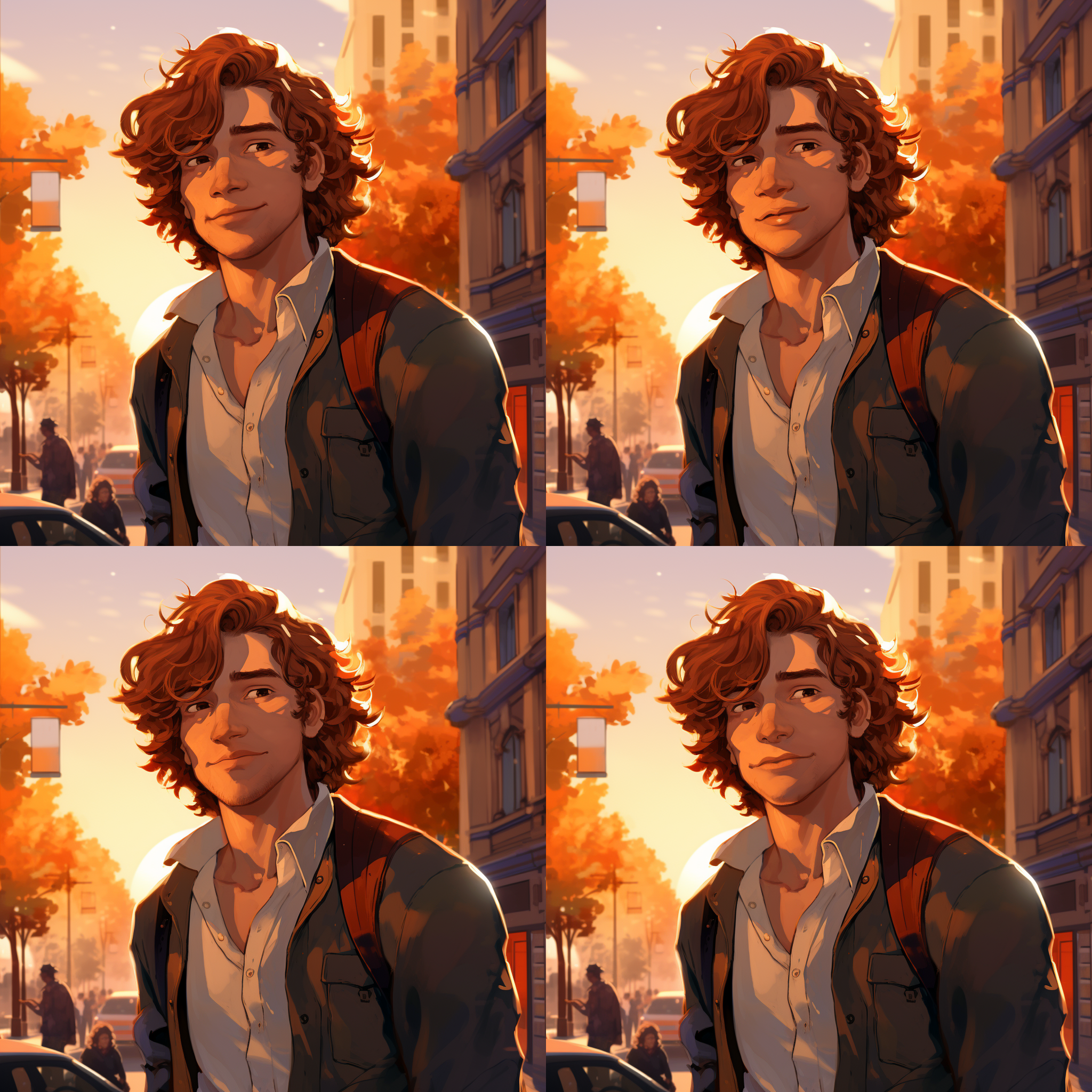 青年记者，英俊欧美脸，高大身材，开朗笑容，橘色长卷发，站在城市街头，背景是繁忙的都市景观。广角镜头拍摄，明亮的日光下，透过树影洒在他身上，突出他的活力与自信。无胡子，二次元，光影渲染。