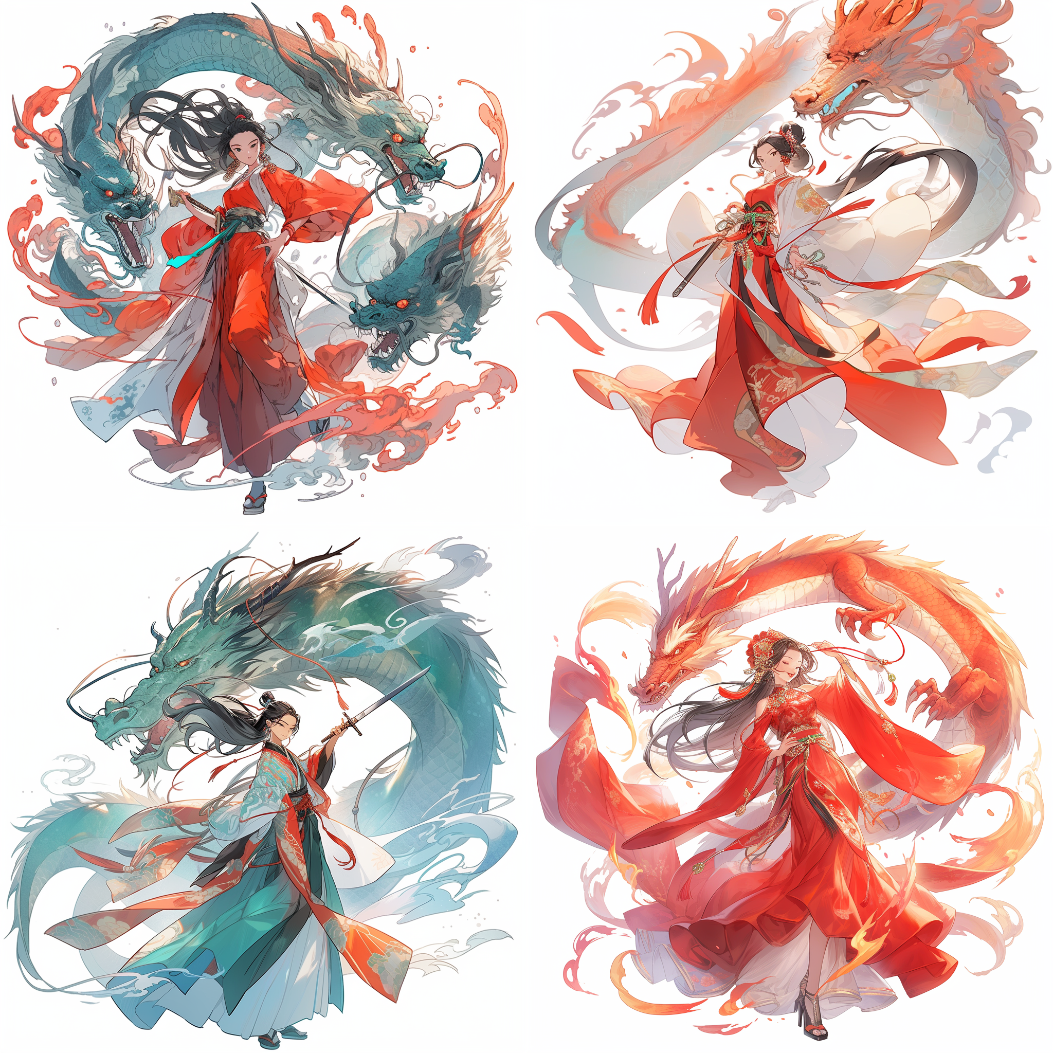 帅气的中国传统女子，舞剑，白色背景，中国传统龙盘旋着女子，极简风格，自信力量，红色配饰，8k，面部和谐，动作流畅，高光细节，明亮色调，神秘的眼神。