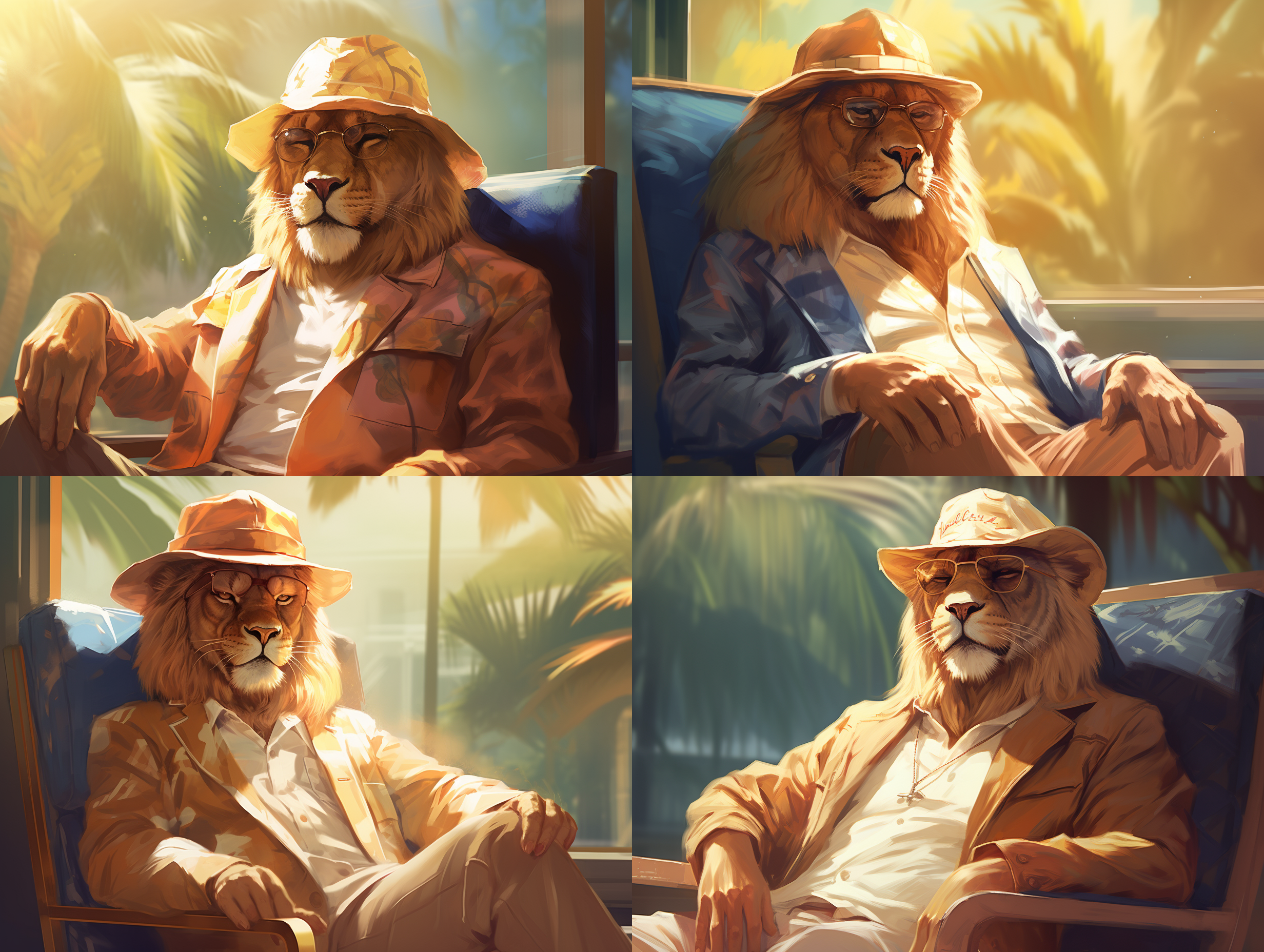 一只人形的狮子，端坐在椅子上，身穿夹克，戴墨镜，帽子，阳光，欧美风格，清晰