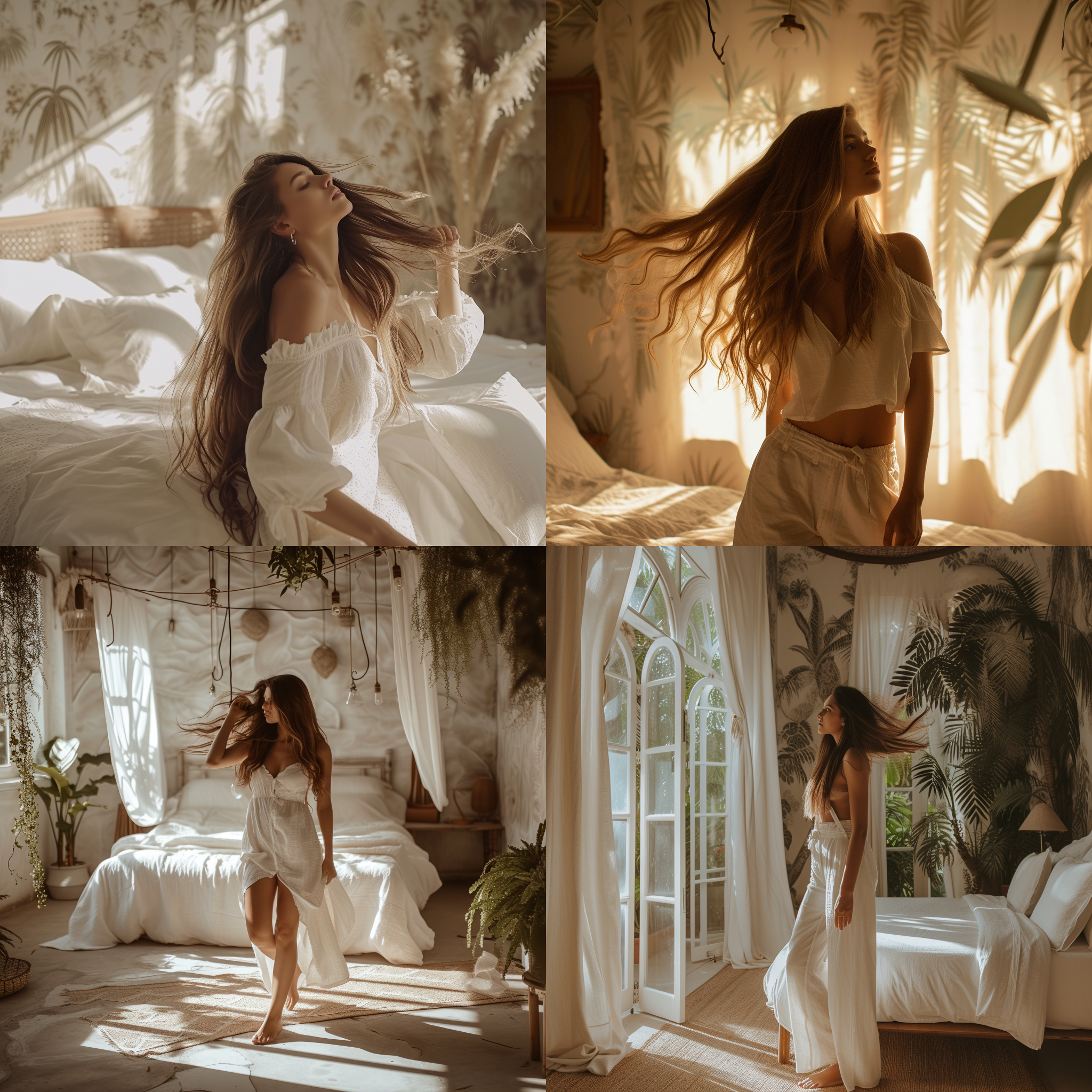 美女卧室，植物建筑背景，近景窈窕身姿微风吹动长发。广角镜头捕捉自信表情和优美身姿。柔和温暖光线照亮面容。优雅行走，展现自信、优雅、迷人气质。低角度，广角镜头，柔和光线，自信、优雅、迷人，曲线。
