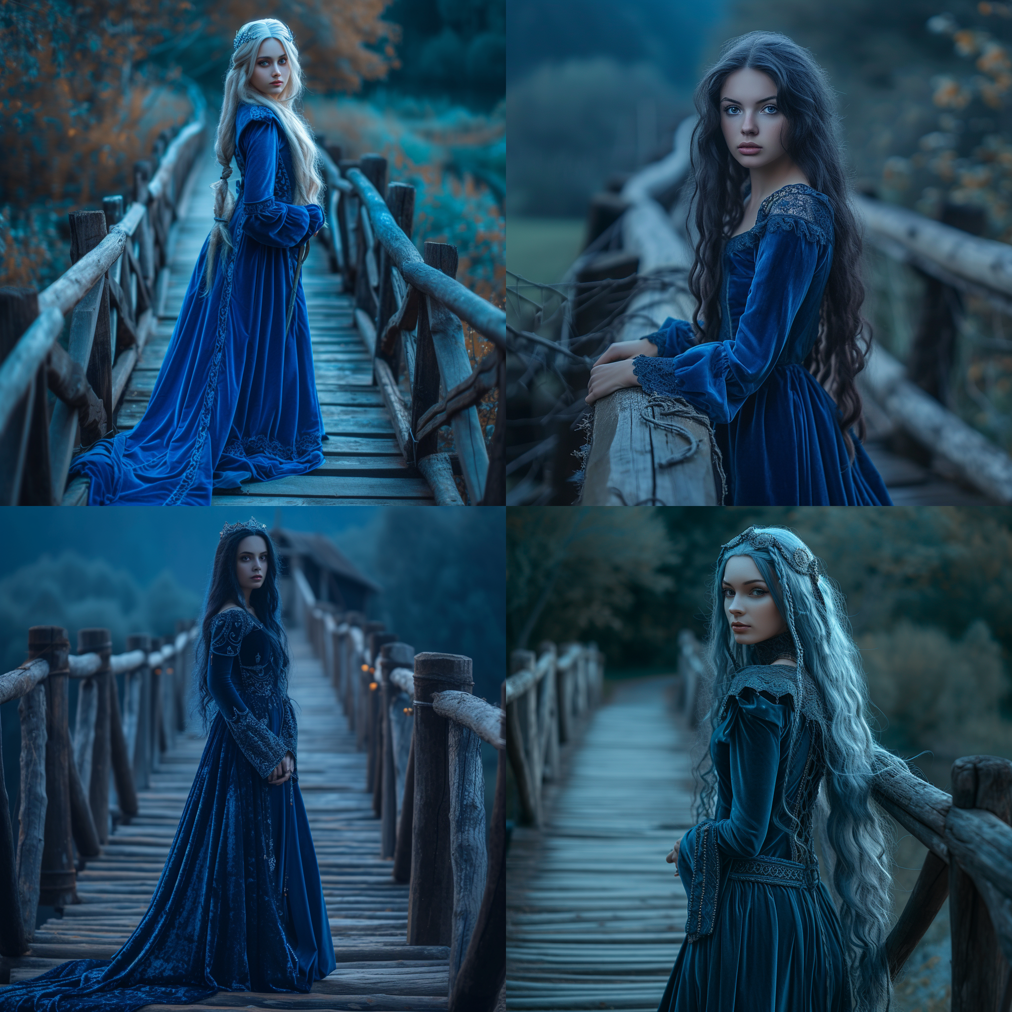 8k画质，蓝色长发少女，全身照，中世纪紧束的天蓝色调贵族服装，开朗活泼可爱，放松，最佳质量，真实质感，柔和的蓝色光，天鹅绒，站在木板栈桥上，绝美少女