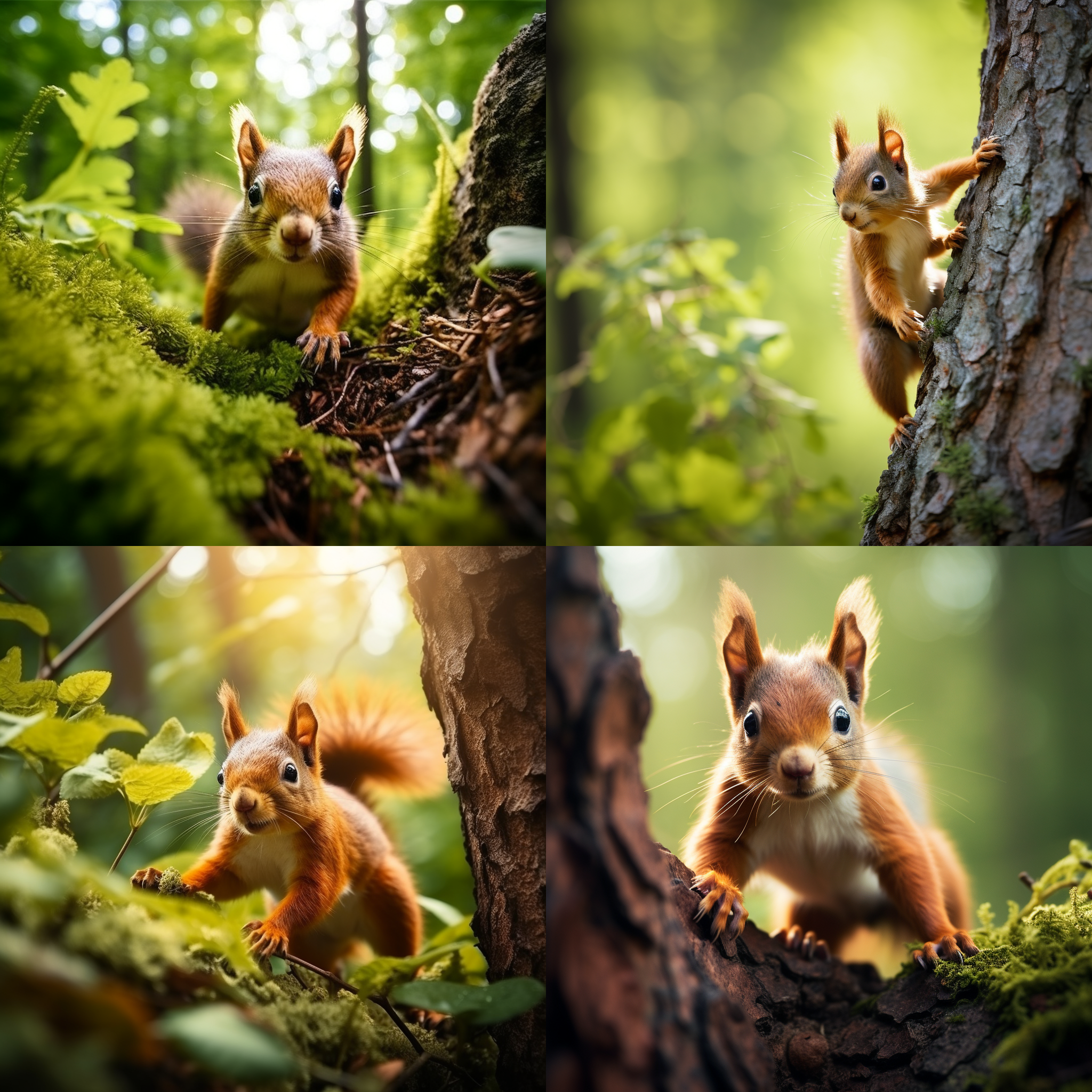小松鼠在森林里冒险，垂直布局，自然环境，长焦镜头，绿色调，柔和光线，攀爬，激动，活泼。