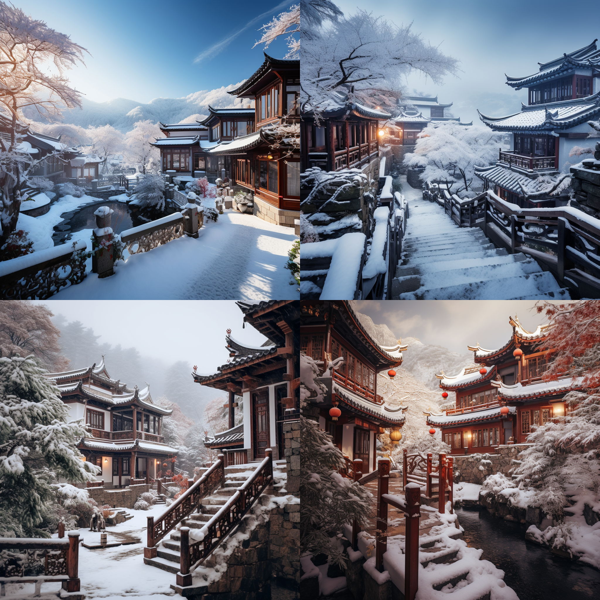 山中中式房屋，庭院，下雪，舒适唯美。大光圈，广角镜头，低角度构图，白色主题，柔和侧光，冬季景色，静态，温暖色调，安详。