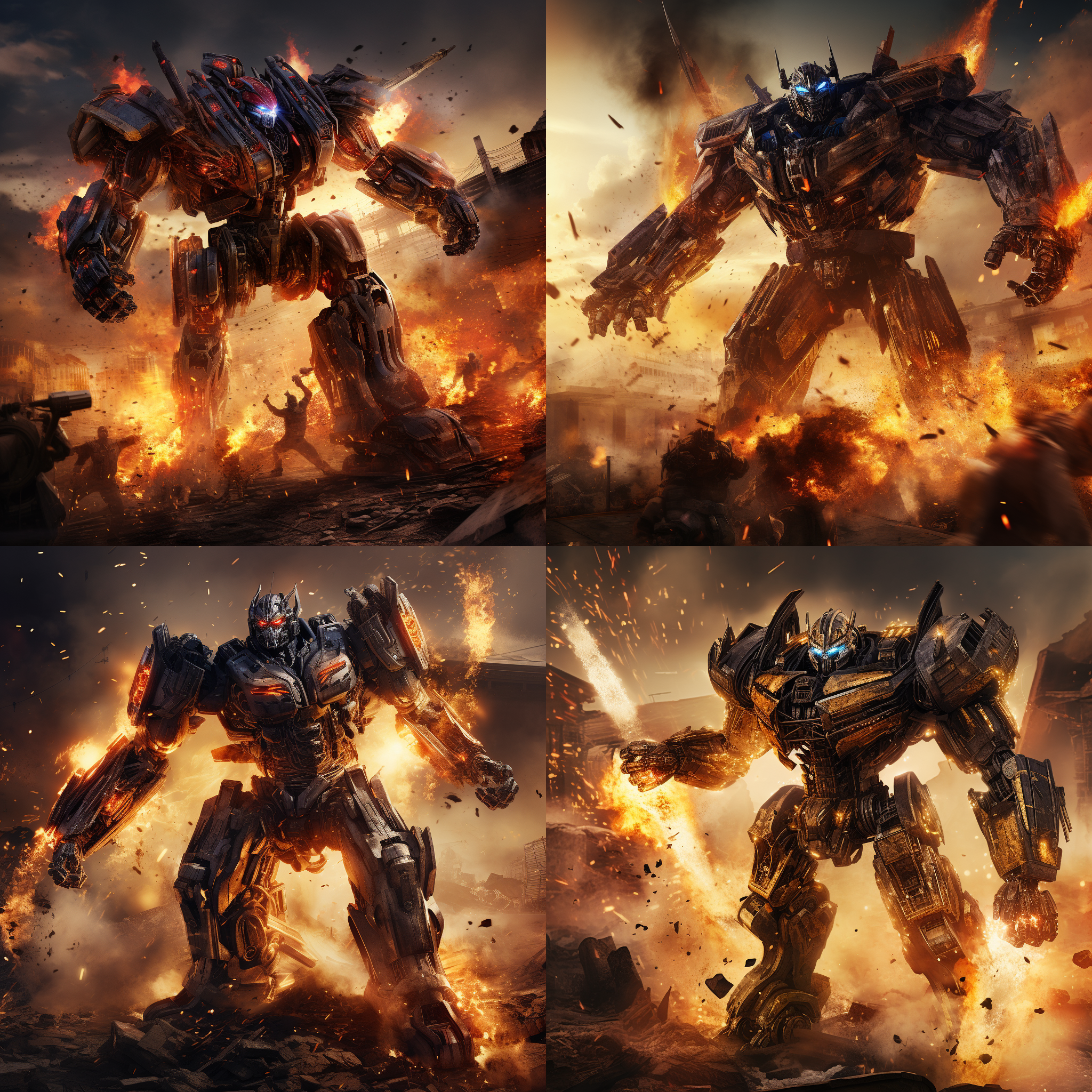 变形金刚，巨大的机器人，站在燃烧的废墟中。逆光拍摄，高动态范围，冷色调，广角镜头，激烈动作，铁皮碎片飞溅，烟雾弥漫，战斗中的英雄。