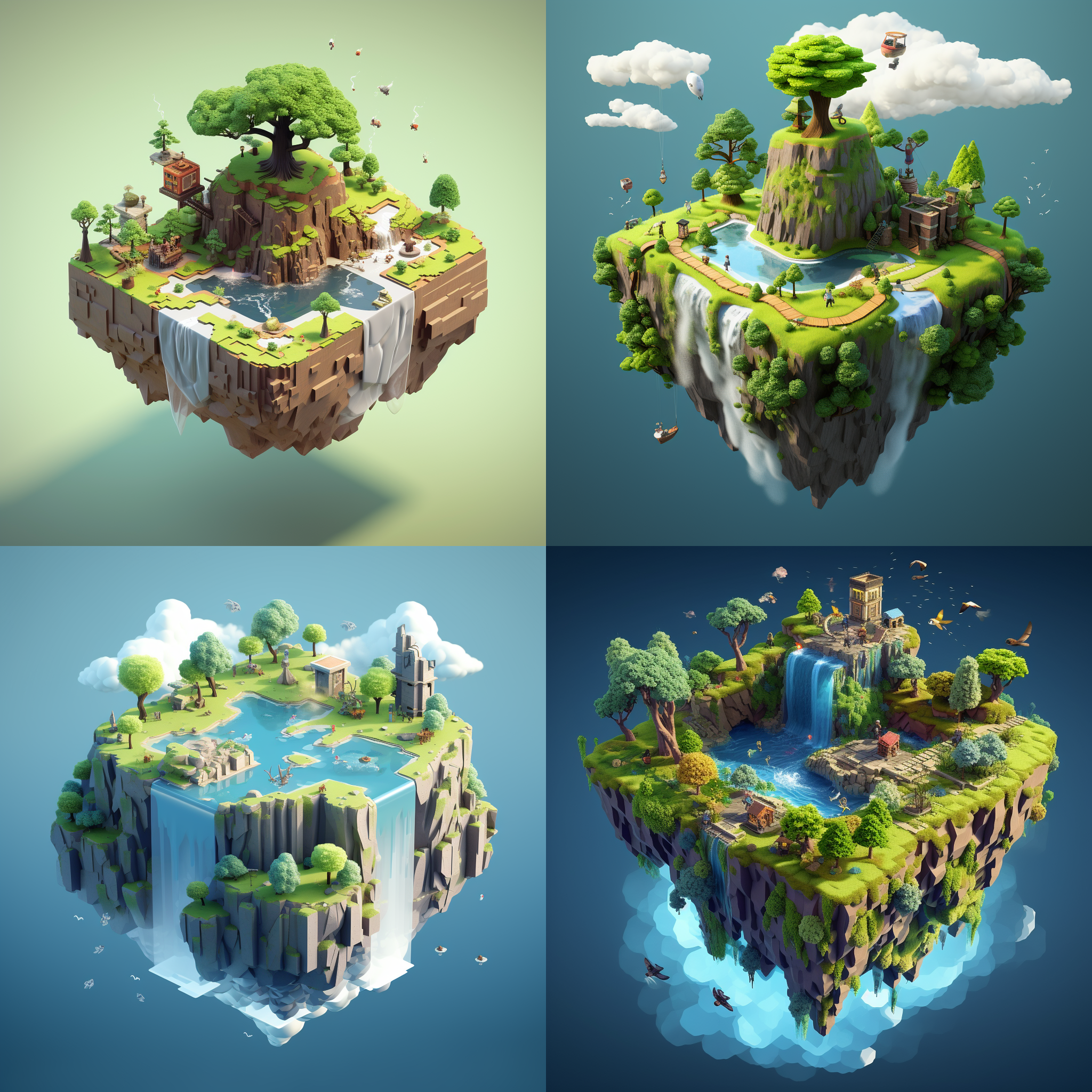floating island, with farmers competing on the island and journalists broadcasting live. modern isometric, cube world rock: tree: -1 c4d, movie lighting, unreal engine, art, oc renderer, minimalism, best quality, ultra hd, ar 4:3- v 5