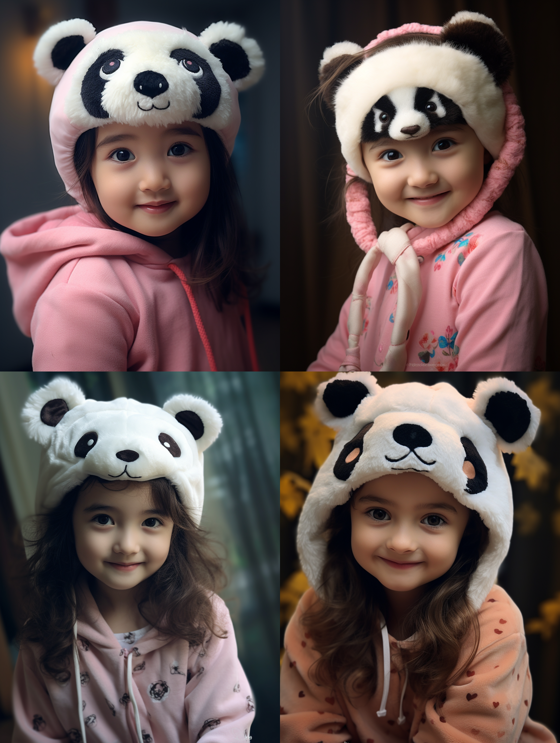 头戴熊猫头像的小女孩儿，呆萌，稚嫩，笑嘻嘻的看着镜头。靠近拍摄，环境简洁，柔光，中焦距，自然表情，明亮色调，温暖氛围，童真。