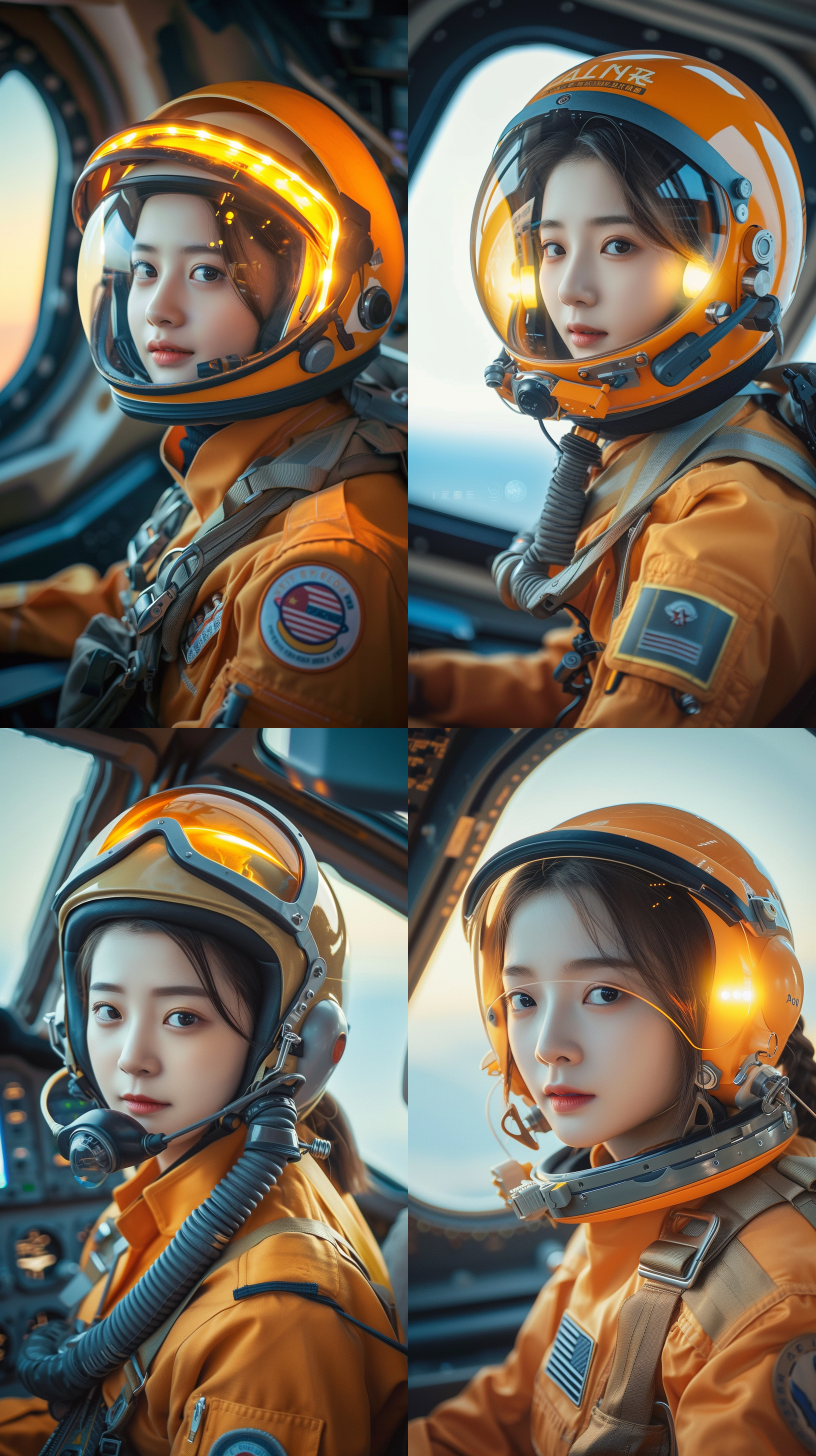 女性穿着黄色制服和头盔坐在飞机驾驶舱内，脸上有黄色的灯光照射着。角色扮演，人物肖像，艾轩，太空艺术，高光，金黄色调，广角镜头，夜景，冷色调，专注，冒险。