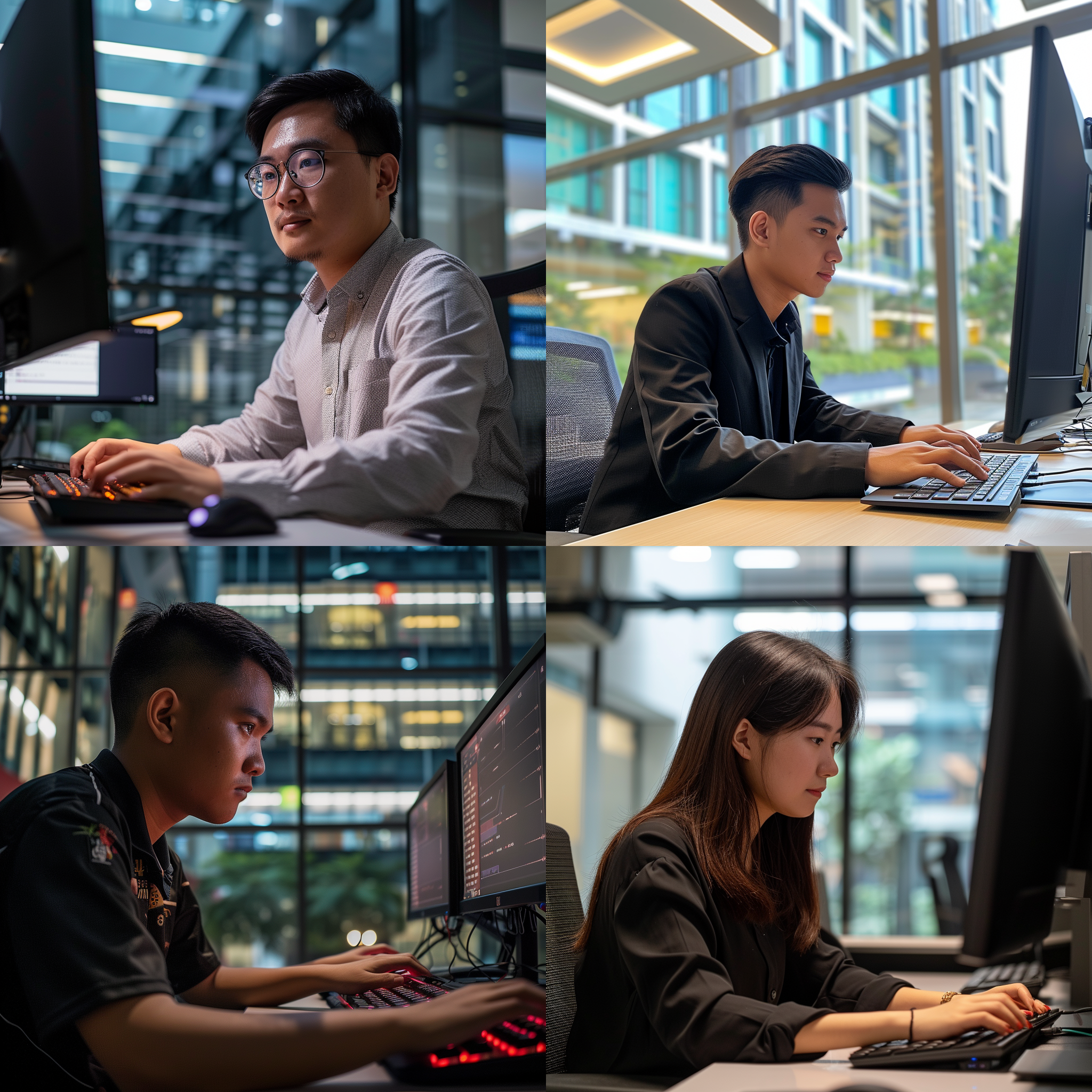 码农在工位上专注地敲击键盘，背景是现代办公室的高楼大厦。构图对称，色彩饱和，使用广角镜头，明亮的照明，码农手指迅速移动，表情专注，环境现代，科技感强，职业特征突出。