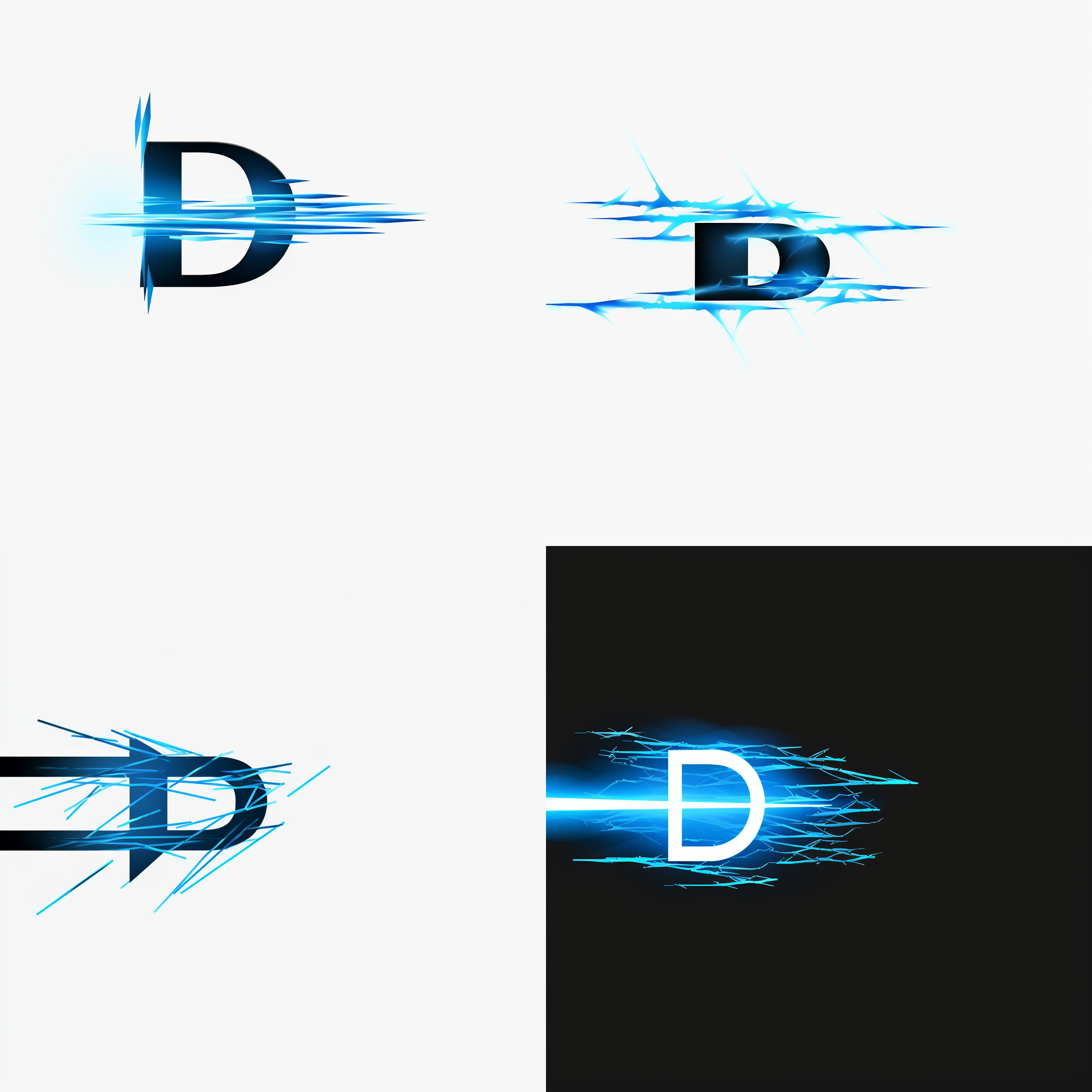 形成动感的效果，背景为黑色，字母d和闪电都带有发光效果，整体呈现出科技感和刺激感。生成图标，动感，大写字母d，蓝黑色闪电，发光效果，黑色背景，科技感，刺激感。