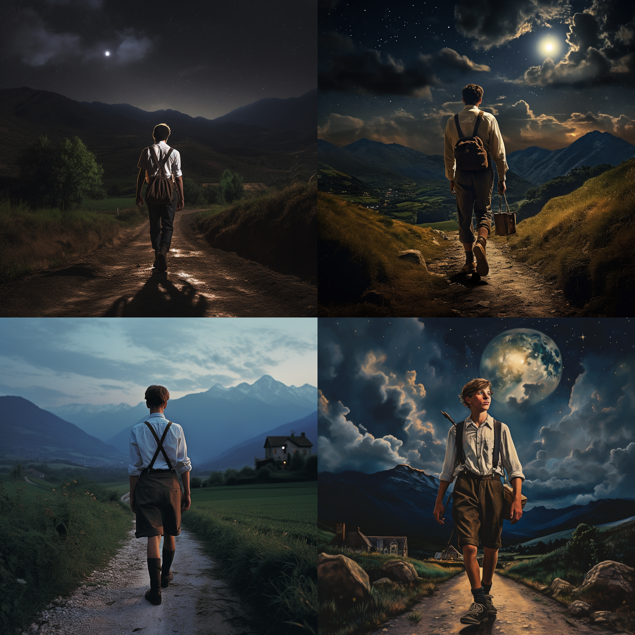 乡村少年，穿背带裤长筒袜，独自走在夜晚的乡间道路上。四周旷野，远处高山隐约可见。月亮明亮照耀，照亮了少年的身影。大气风格，远景布局，高山背景，明亮照明，孤独，自由，冒险，温馨，青春活力。