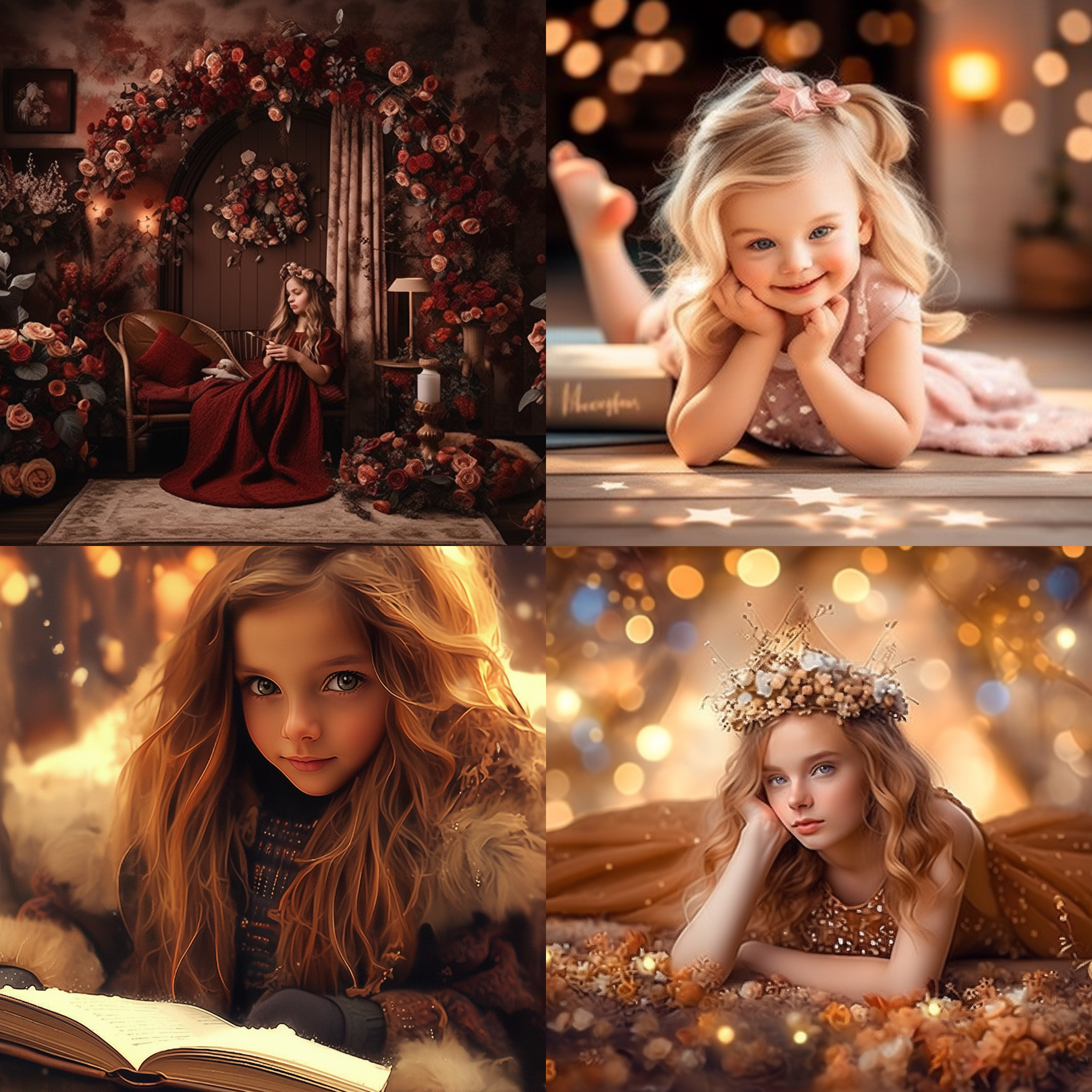 小女孩在床上，朦胧的灯光下，她躺在柔软的床上，手里拿着一本书。整个房间被温暖的色调所包围，给人一种舒适和温馨的感觉。构图简洁而有力，主题突出。使用柔光照明，营造出梦幻般的氛围。这张照片会让人感到宁静、安心和幸福。