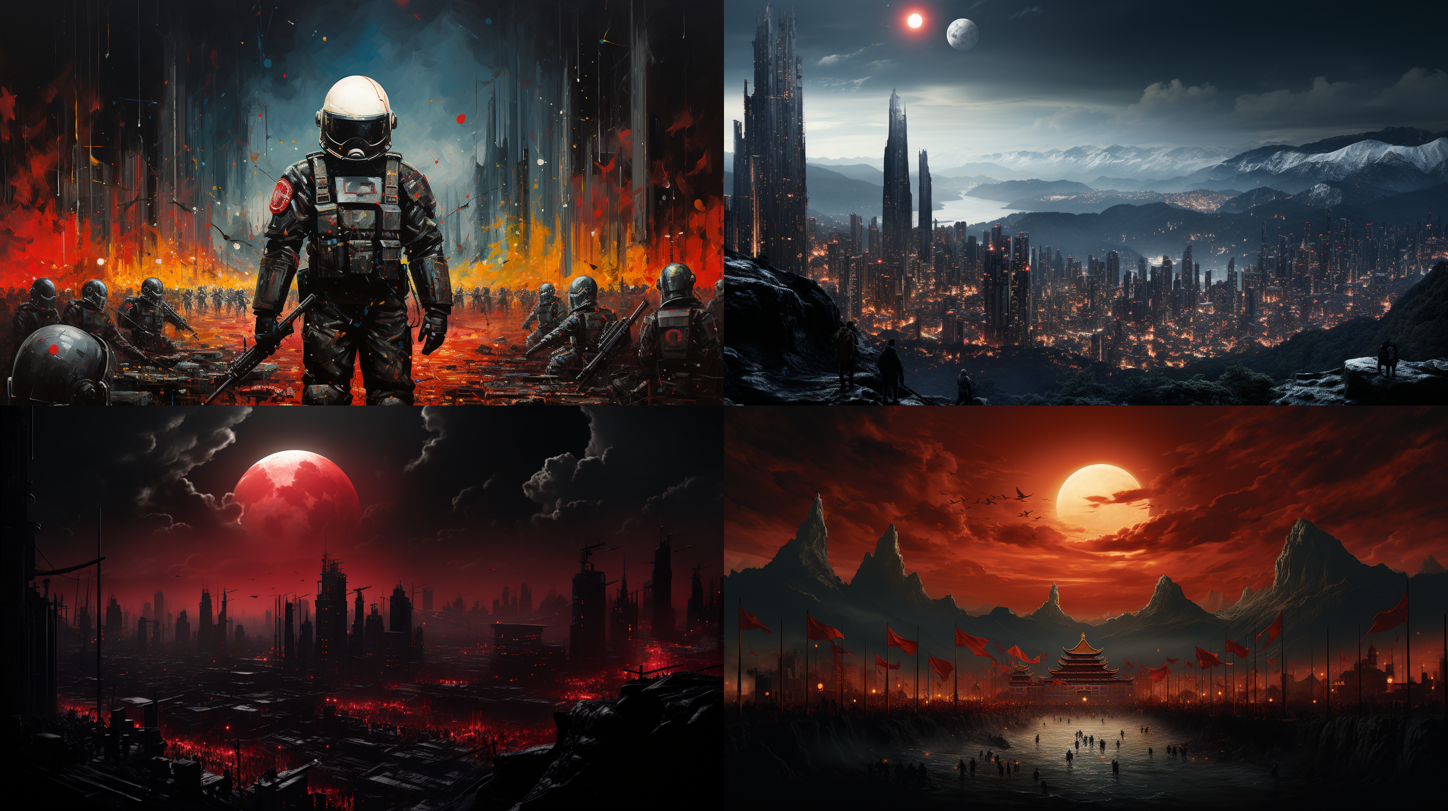 中华民国军队统治银河系，高楼大厦屹立星球间，中华民国国旗飘扬。夜晚场景，明亮的照明，长焦镜头，透视图构图，军人行进，威严氛围，鲜艳的红色与黄色，庄重与雄壮。 摄影纪实 月球空间 未来主义 油画 未来都市 城市 赛博空间 赛博朋克城 未来城市 外星球 小吃街 长城 教堂内 街景 超广角 深蓝 靛蓝 橙色 霓虹 黑紫 蓝红 天空蓝 亮黑 中式赛博 当代建筑 新未来主义 日式混北欧 德国殖民地 古代中式 摩尔式复兴 荷兰殖民地 希腊式 巴洛克建筑 联邦式建筑 现代中式 新艺术运动 解构主义 工业风 梅花 熊猫 儒家文化 爆竹 京剧 故宫