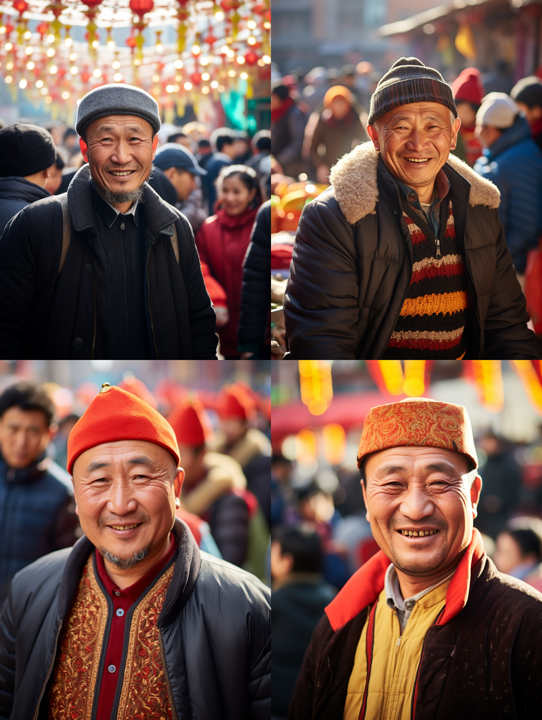 新疆男人，幸福笑容，鲜艳明亮的颜色，熙熙攘攘的人群，新疆阿凡提在乌鲁木齐大巴扎，热闹非凡。幅射光，环境拍摄，长焦镜头，群众，欢乐，喜悦，人文风格，对焦，动感。