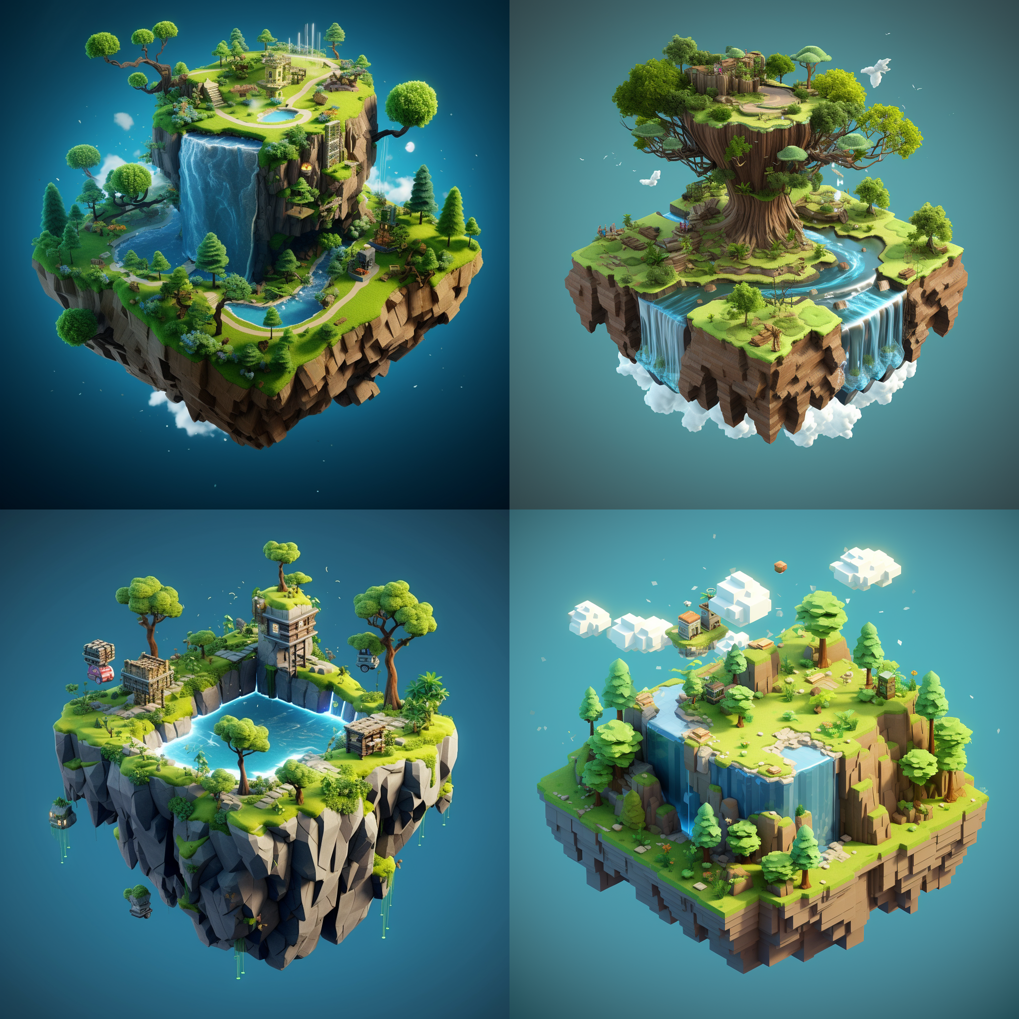 floating island: farmers are competing on the island, and journalists are broadcasting live. modern isometric, cube world rock: tree: -1 c4d, movie lighting, unreal engine, art, oc renderer, minimalism, best quality, ultra hd, ar 4:3- v 5