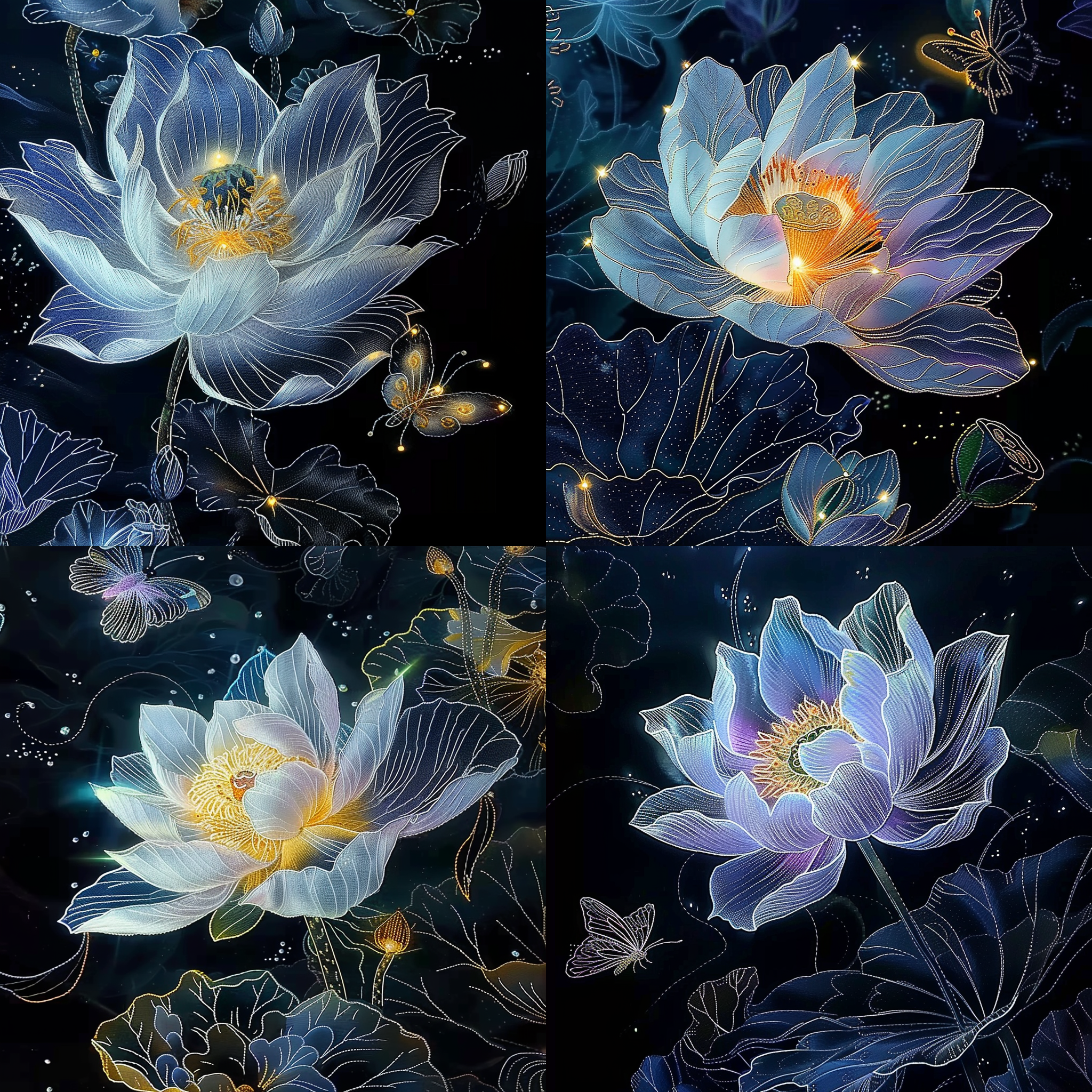 苏绣，金属线，一朵发光的牡丹花，发光的牡丹雄蕊，俯视，一只蝴蝶，苏绣，霓虹灯发光，光滑细腻，细节高，神秘，8k