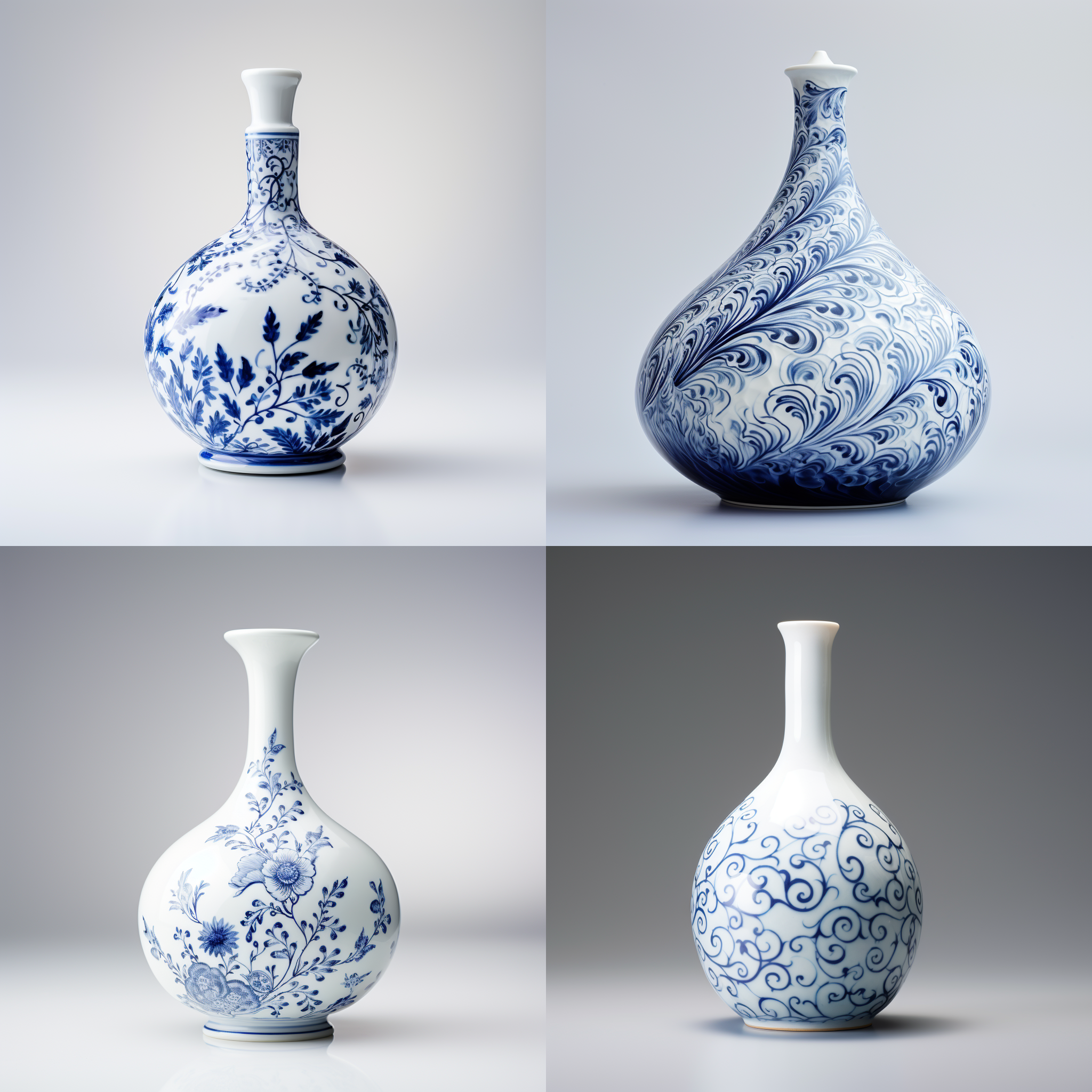 青花瓷瓶子，白色背景，正面特写，细腻纹理，传统风格，高明度，曲线造型，细长身材，蓝色和白色主调，光滑表面，优雅。