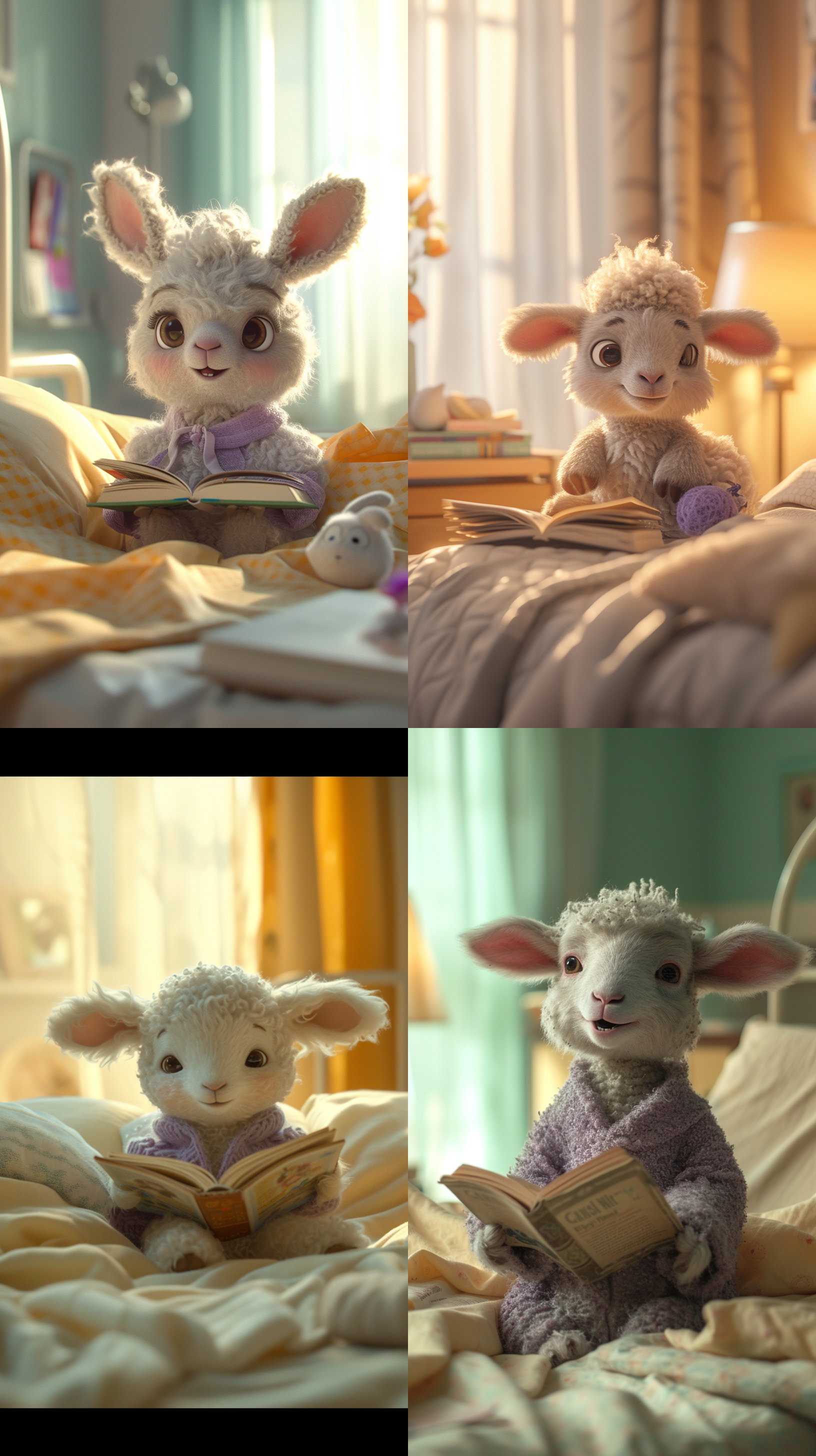 一只生病的小羊在病床的桌子上看书，医院里，低头，床上搭着小桌子，桌子上放着书，床单淡黄色，小羊穿着淡紫色衣服，小羊扎个丸子有，左手手背上输液，撅着小嘴，细节，温馨，皮克斯动画感