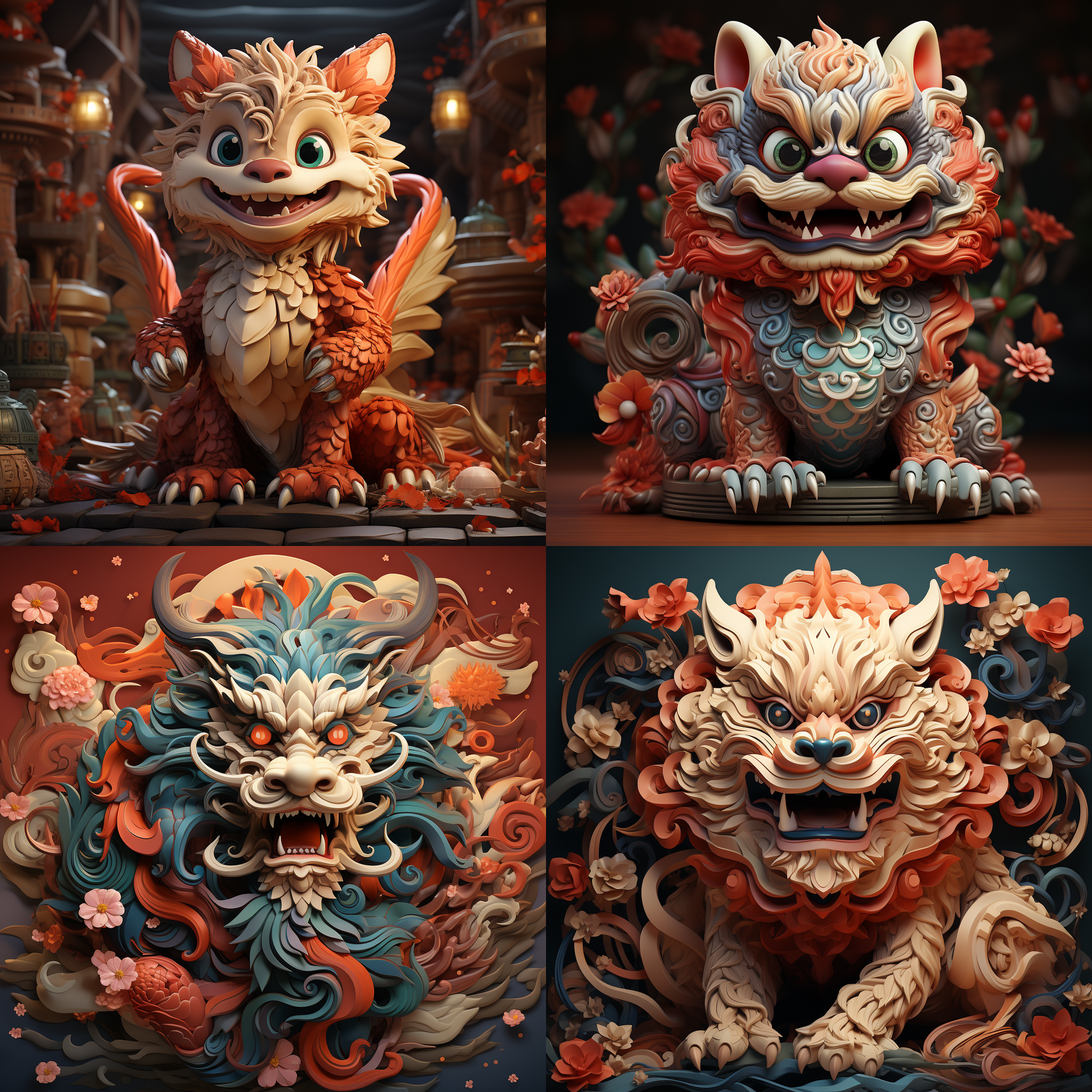 中国龙，卡通龙，红色背景，传统元素装饰，宽广的构图，明亮而柔和的光线，细节丰富，眼神友善，龙的爪子摆出v型，喜庆的颜色，欢乐的氛围。喜庆，红色，传统，友善，欢乐，龙舞，元素，明亮，柔和，构图