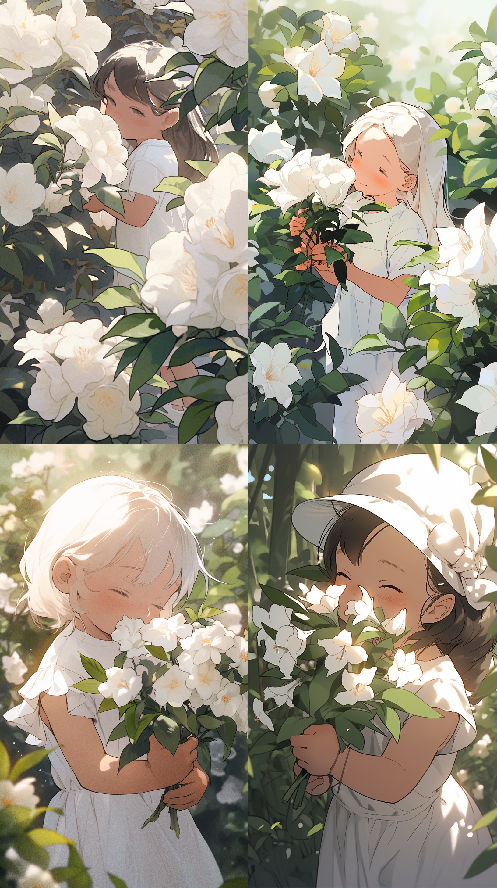 摘白色栀子花的小女孩，呆萌，稚嫩，开心，快乐，绿叶，朦胧氛围，中心构图，浅景深，自然光，微笑，纯真，清新色彩。