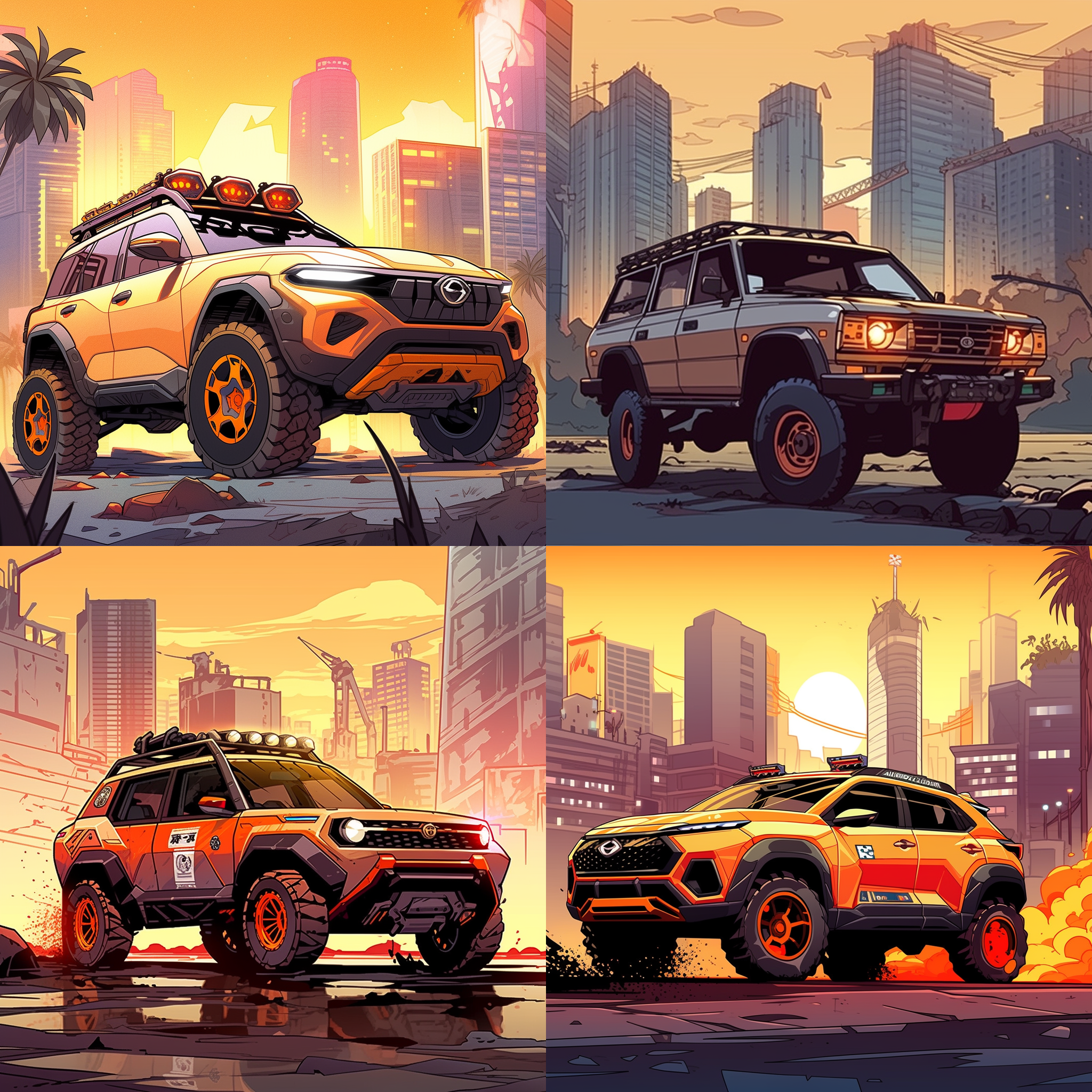 尼桑奇俊越野汽车，复古漫画风格，夕阳下的城市街道，尼桑越野汽车置于画面中央，背景是高楼大厦和繁忙的街道，透过复古的点线描边和明亮的色彩，呈现出活力四溢的都市氛围。尖锐的透视线条和动感十足的车身姿态，展现了速度与激情。