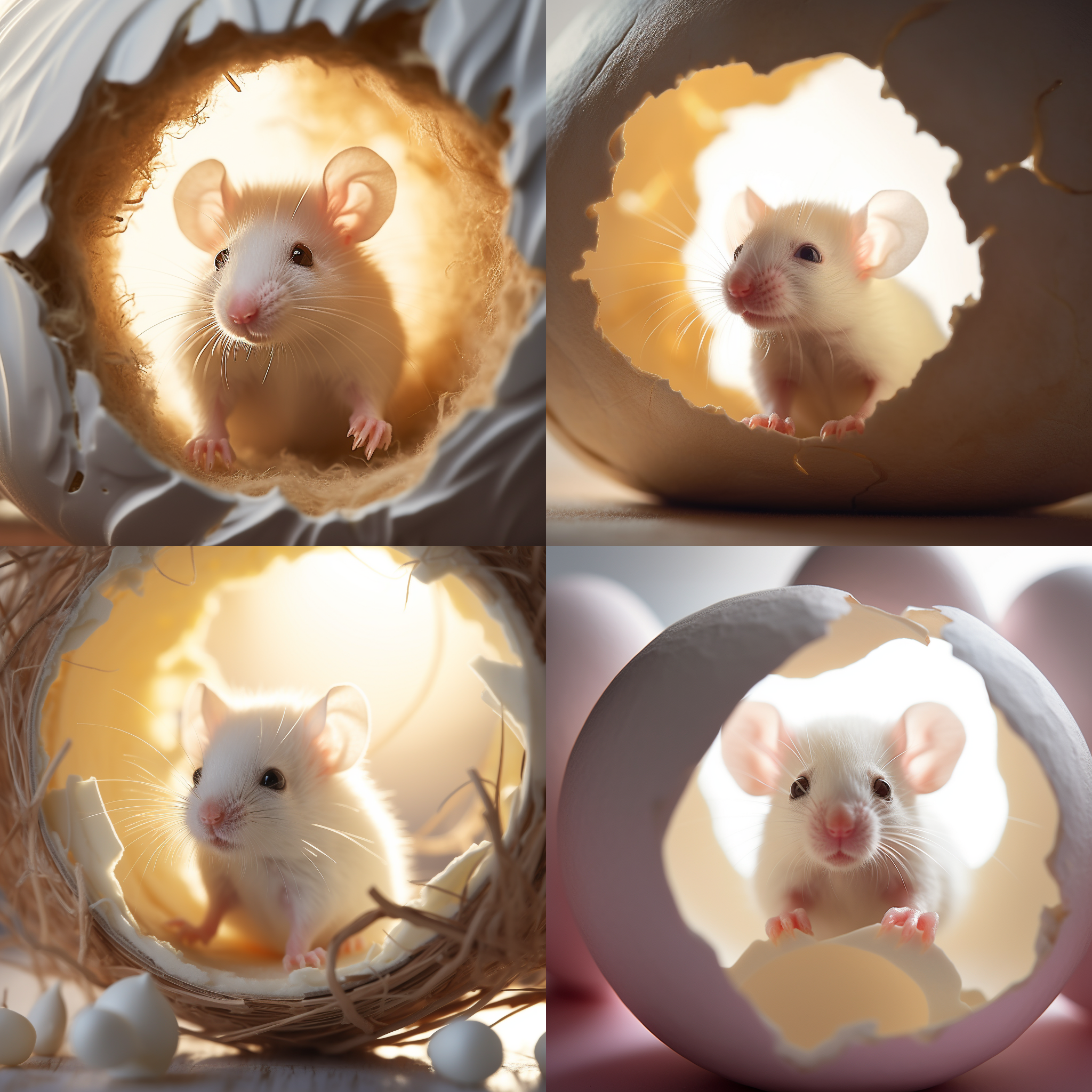 白色老鼠从蛋壳中爬出来，高清，写实，近景，细节丰富，明亮的背景，浅景深，微距镜头，柔光，轻轻爬行，温馨。