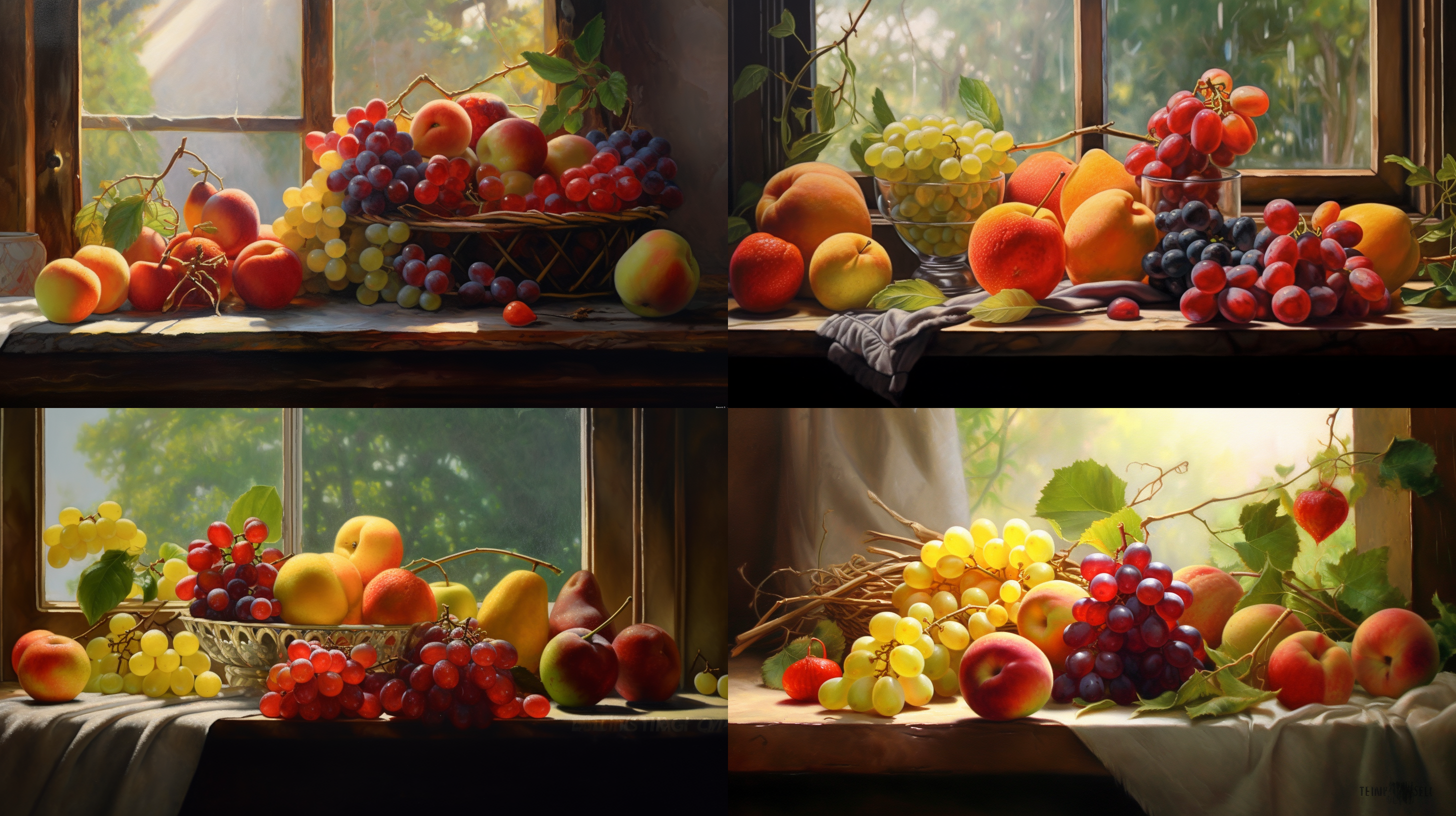 窗下光下的水果静物油画，对角线布局，柔和光线，静谧氛围，细腻质感，现实主义，鲜艳色彩，果实的自然光反射，细节丰富，光影交错，生动写实，充满生命力。