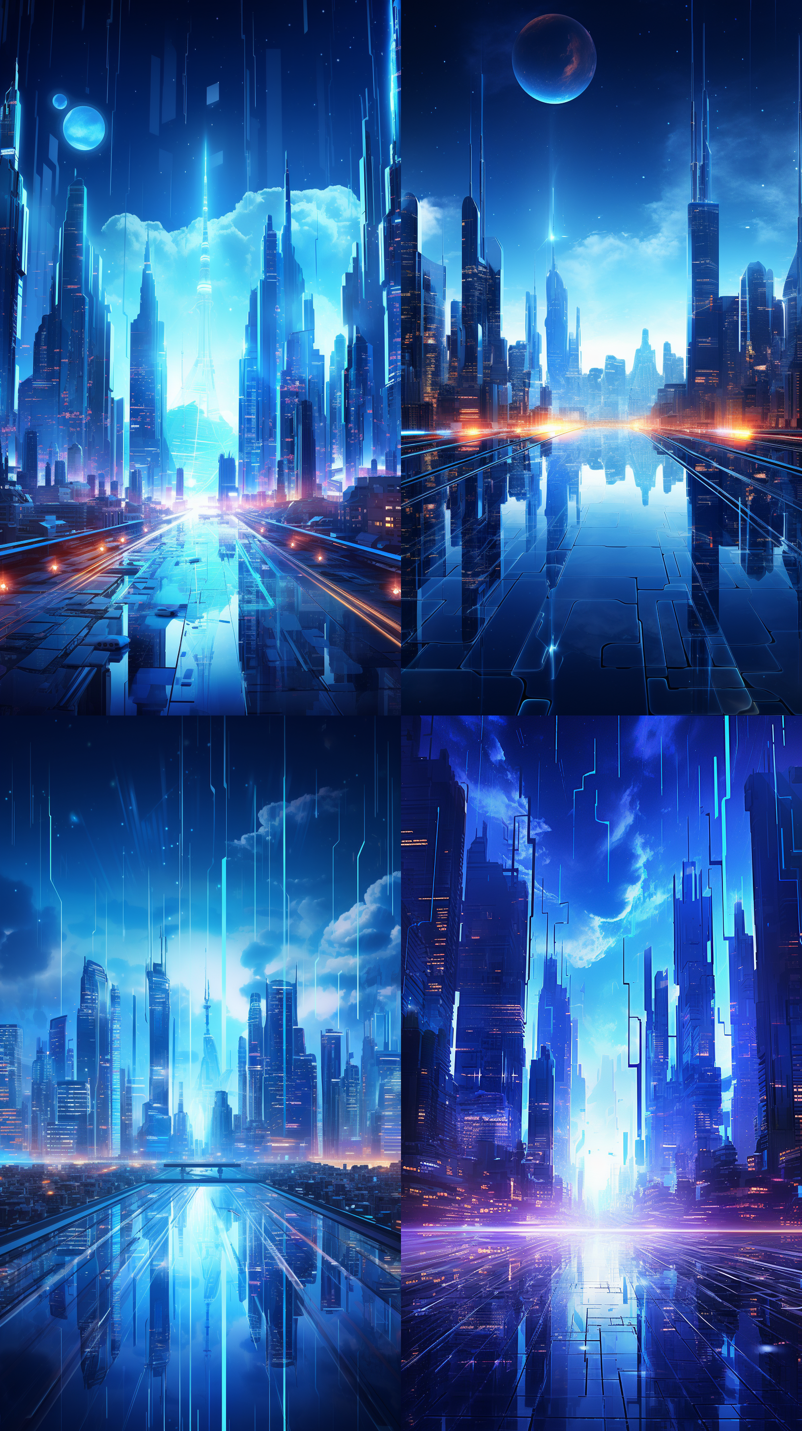 未来科技感城市插画，高楼大厦，超写实，活力，科技感，立体感，宽广的景深，饱和度高，蓝色调，线性构图，流线型建筑，夜景，动态光影，霓虹灯，未来感十足。