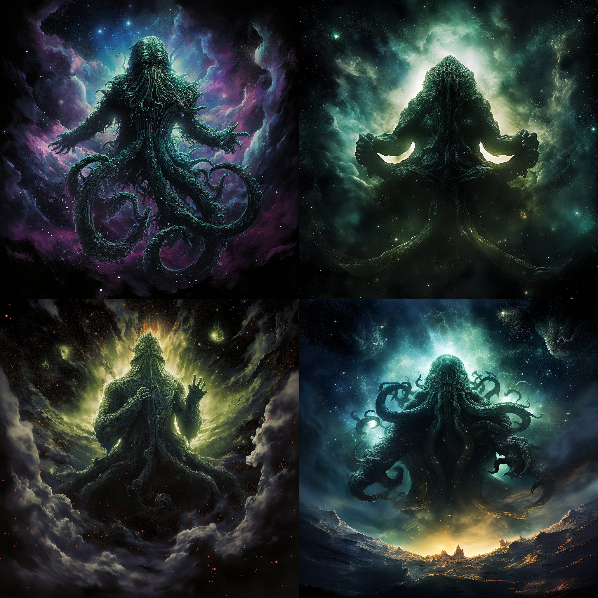 星空中的克苏鲁星系，宇宙光辉环绕。广角镜头捕捉到壮丽的星云和恒星群，形成对角线构图。冷色调和高对比度增强了神秘感。星光照亮了黑暗中的克苏鲁巨像，营造出令人敬畏的氛围。