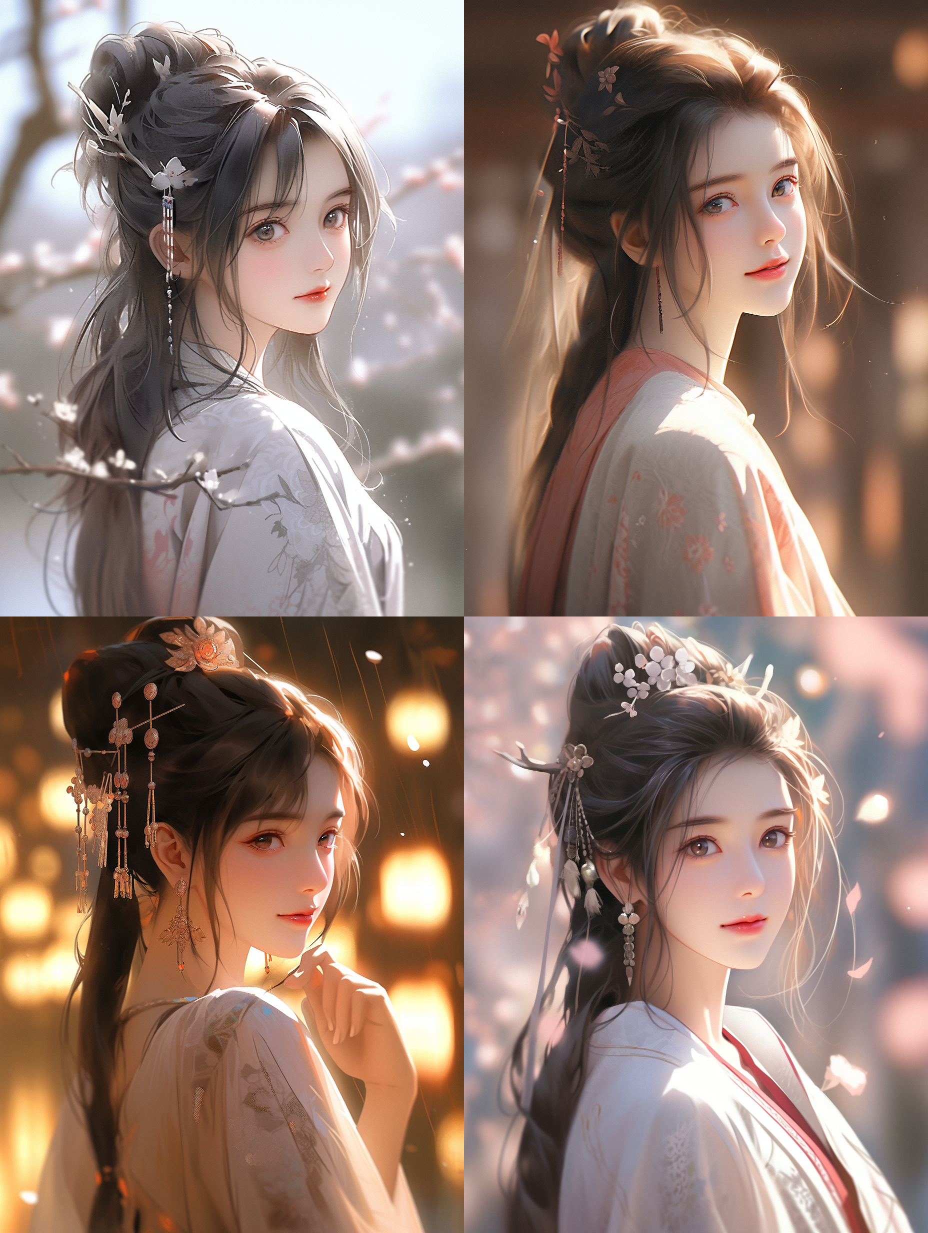 二十岁的中国姑娘穿着汉服，正面视角，面容精致，细节丰富，人物肖像的最佳品质，微笑着，超高清晰度，摄影风格，电影般的照明效果，头发闪耀。前景，正面视角，细节丰富，人物肖像，高品质，微笑，超高清晰度，摄影风格，电影般的照明效果，头发闪耀。