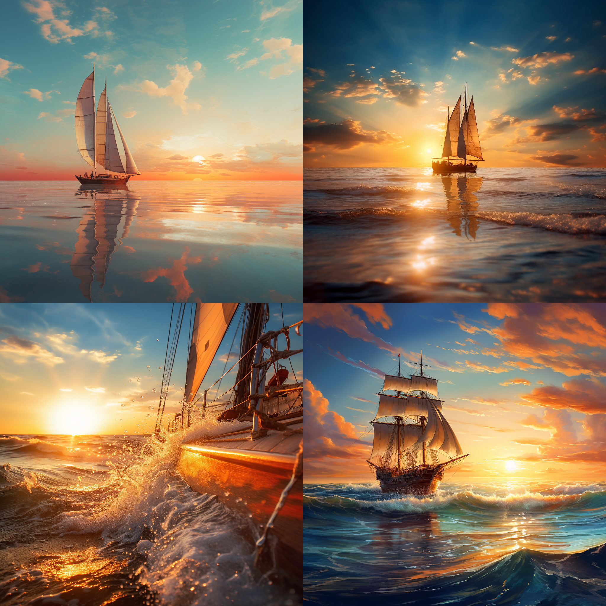 海边，天空蓝蓝的，帆船远处，宽广的景深，通透感，长焦镜头，金色余晖，波涛汹涌，风帆张开，自由，宁静。