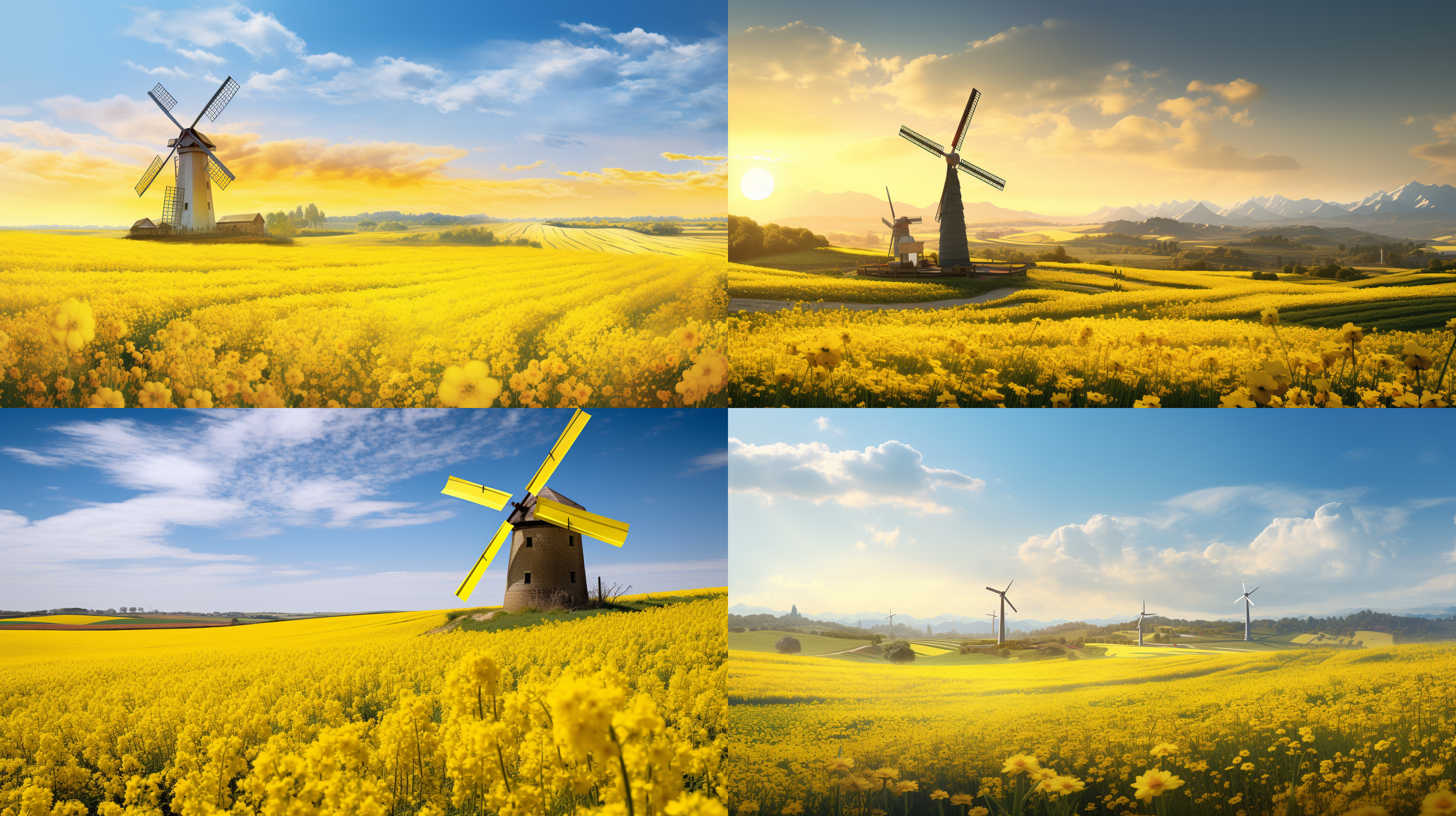 大片油菜花海，风车点缀，治愈感。柔和光线，温暖色调。长镜头拍摄，细节层次感。宁静平静。