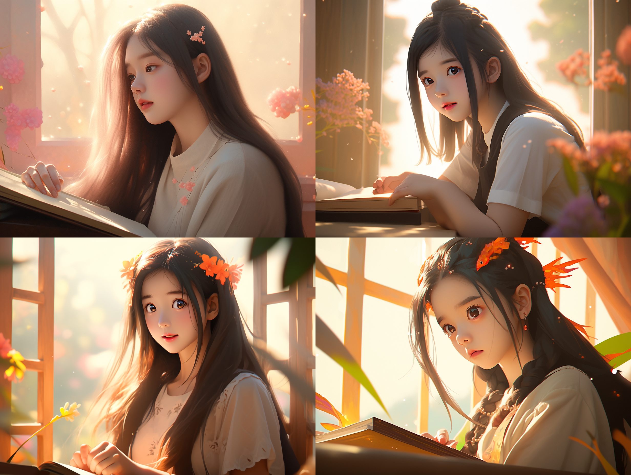 她带着微笑，坐在花海中央。阳光透过树叶洒下，照亮她的面容。构图对称，柔和色调，背景模糊，长焦镜头，自然光线，静态，优雅。