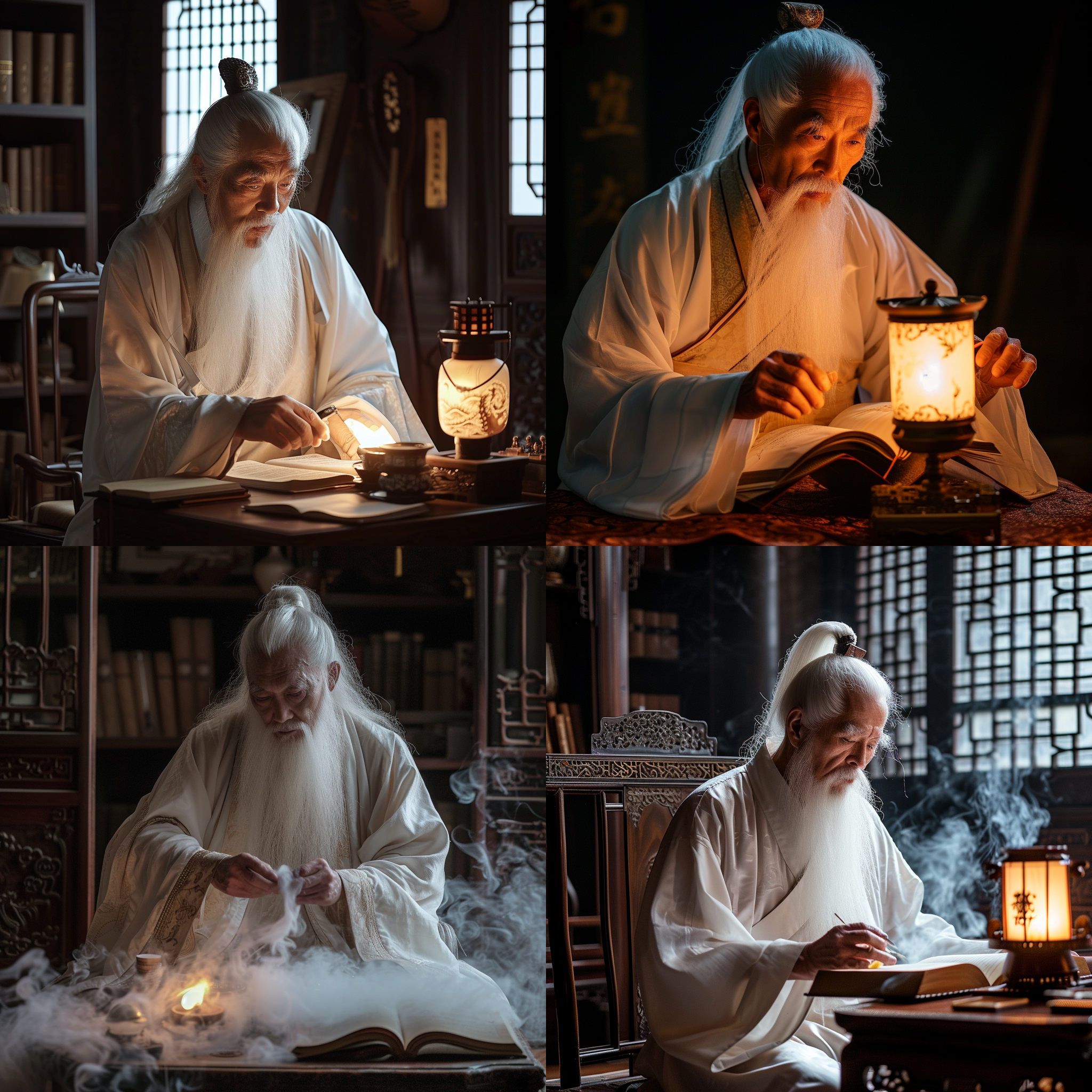 国学大师，道长，白胡子，道服，电影级灯光，发丝光，中式古建筑书房里，煤油灯，易经