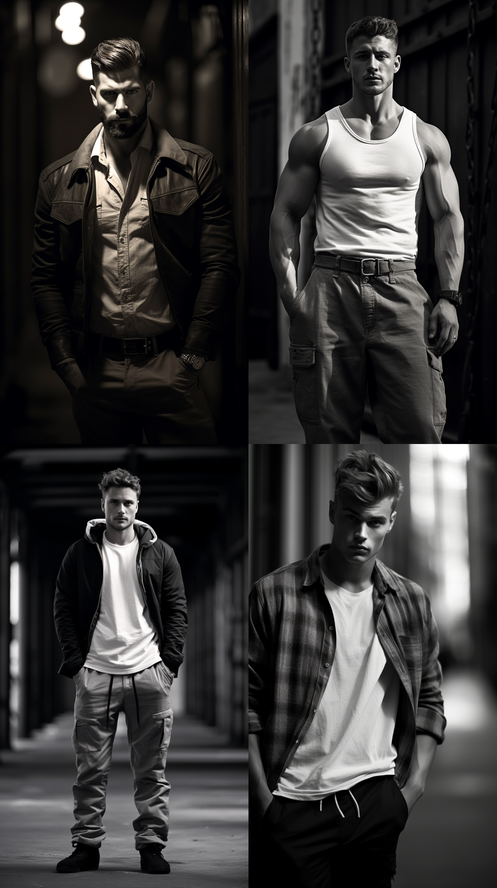 坚定立场的人物姿态，黑白风格，城市背景，长焦镜头，逆光，决然表情，挺胸抬头，放射线构图，高对比度，自信。