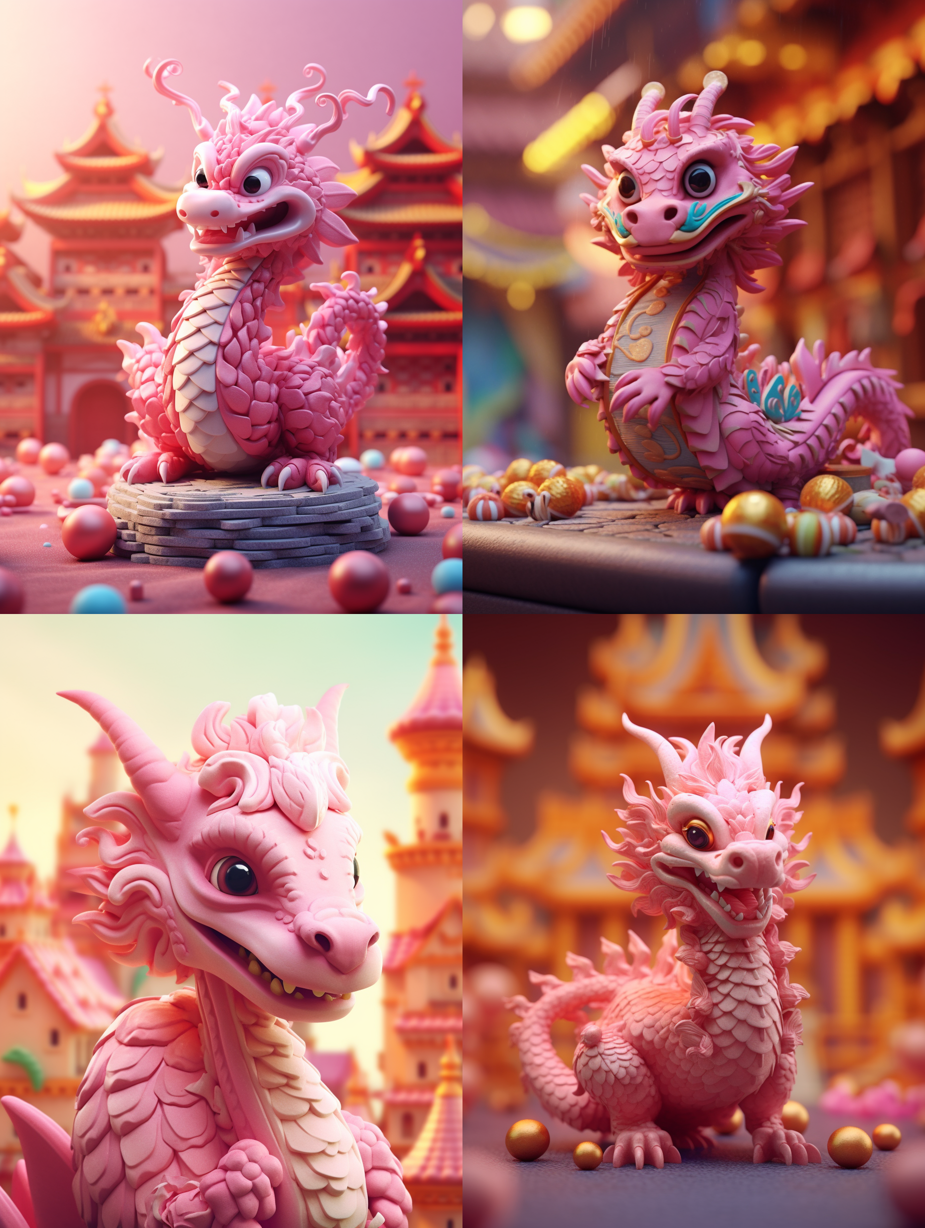 中国龙，可爱，3d，粉嫩色调，毛毡风格，马卡龙色调，广角拍摄，镜头前的中国建筑，新年节日背景高细节，最佳画质，电影般的照明效果，8k