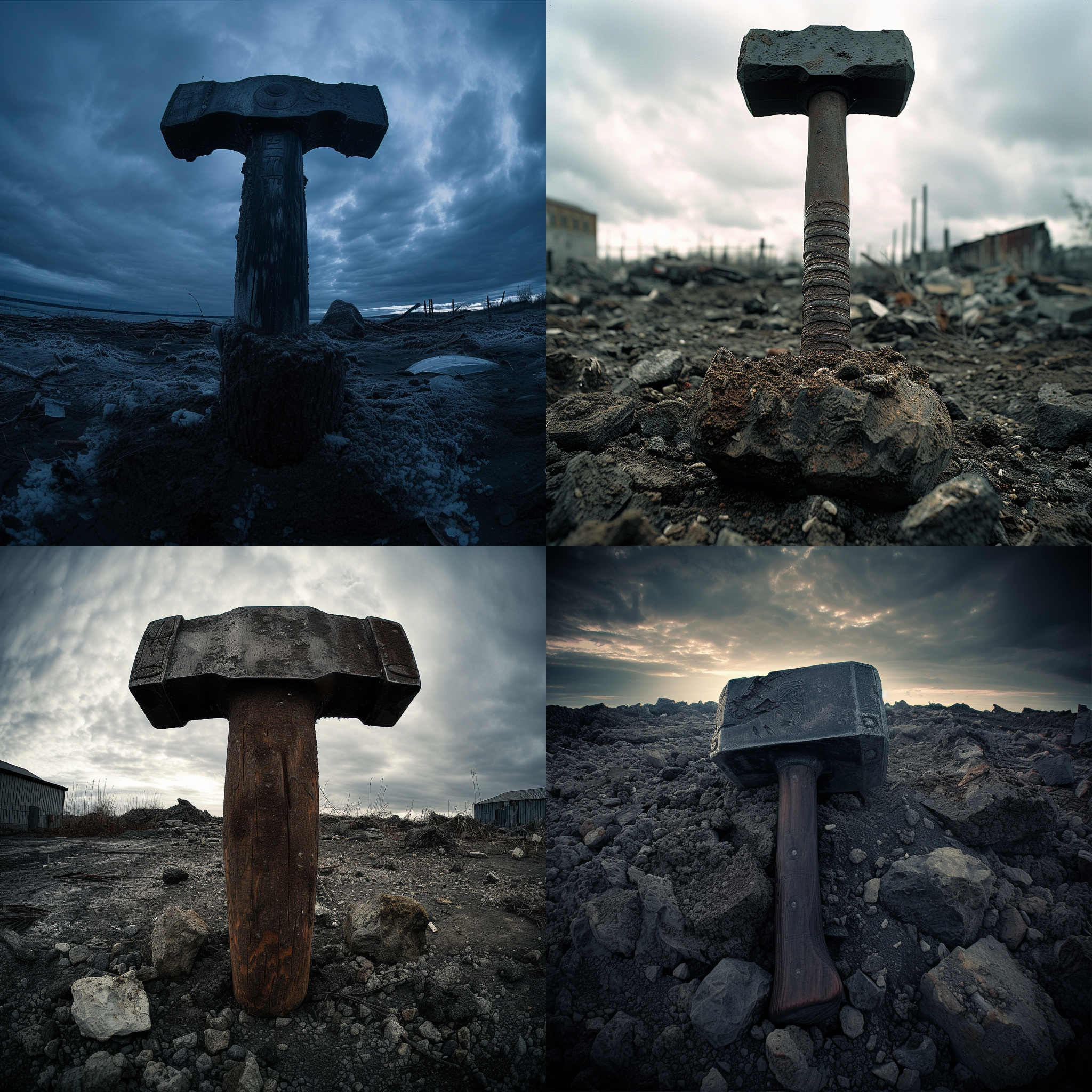 大锤子高高举起，背景是一片废墟。照片构图规整，以大锤子为主体，强调力量和毁灭的主题。使用鱼眼镜头，增加视觉冲击力。光线昏暗，创造出神秘而威严的氛围。颜色偏向冷色调，突出冷酷无情的感觉。大锤子的纹理和细节清晰可见，表达出力量和威严。